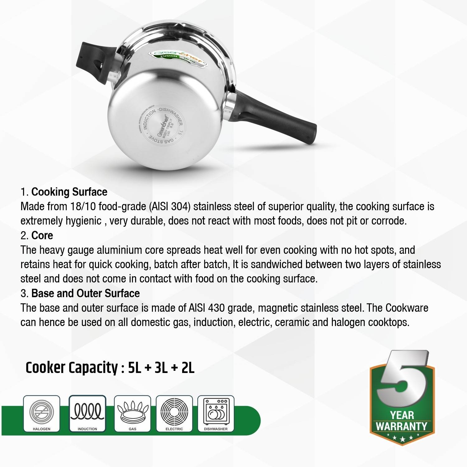 Greenchef Fusion Tri-Ply Pressure Cooker Combo 5L, 3L, 2L Pack of 5 - Image 4
