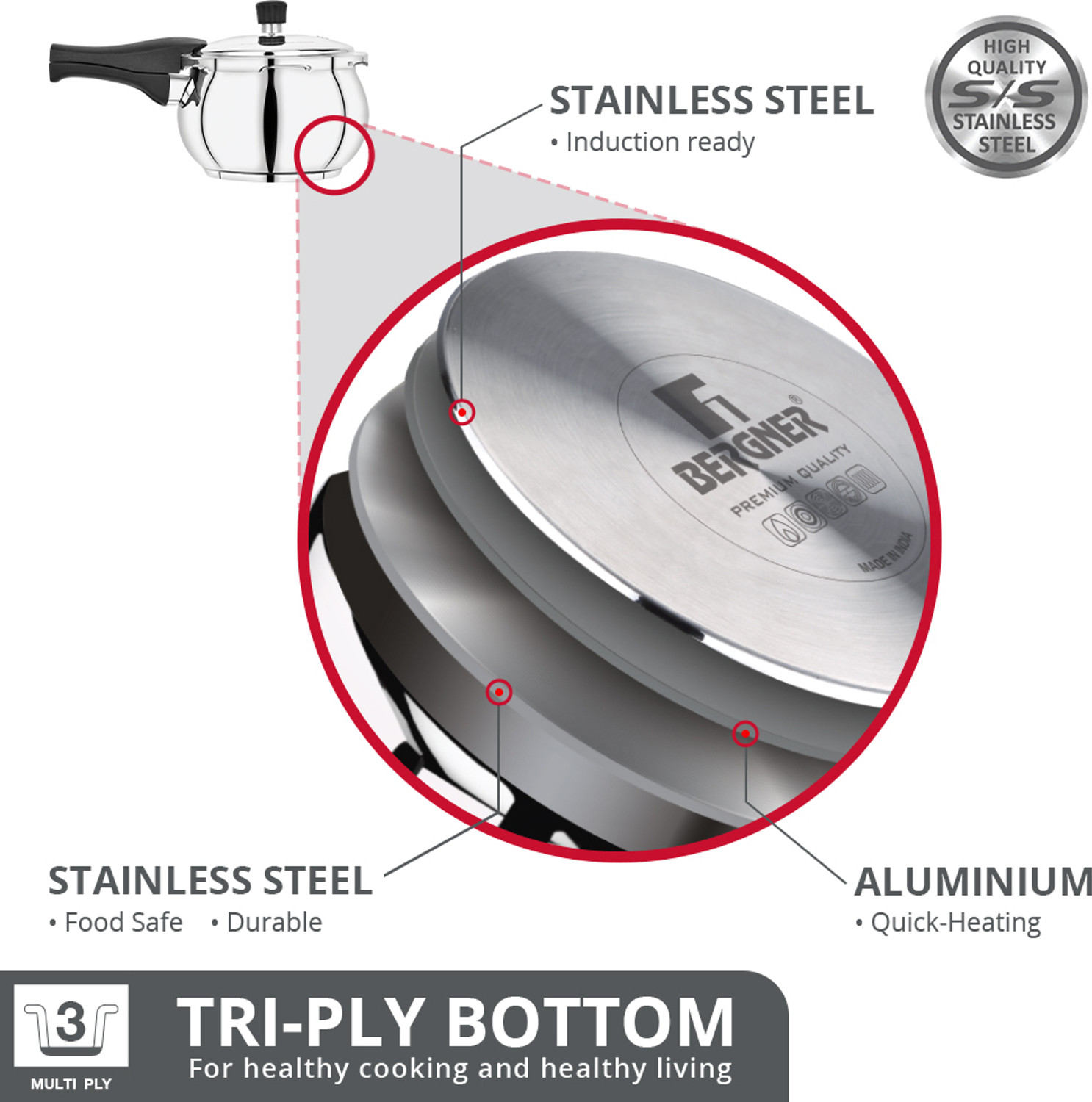 Image of BERGNER Pura Globe Belly Shape Outer Lid 1.5 L Outer Lid Induction Bottom Pressure Cooker