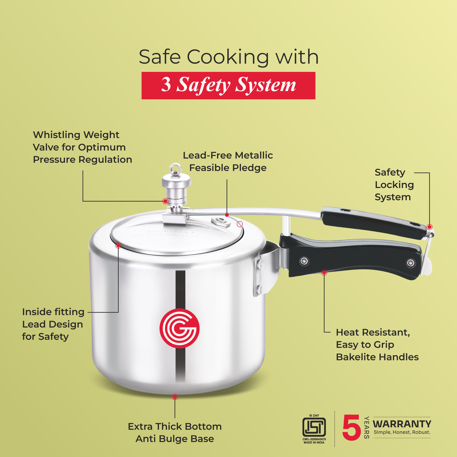Image of globe Kiwi Regular Base with Inner Lid |6 Years Warranty 3 L Inner Lid Pressure Cooker