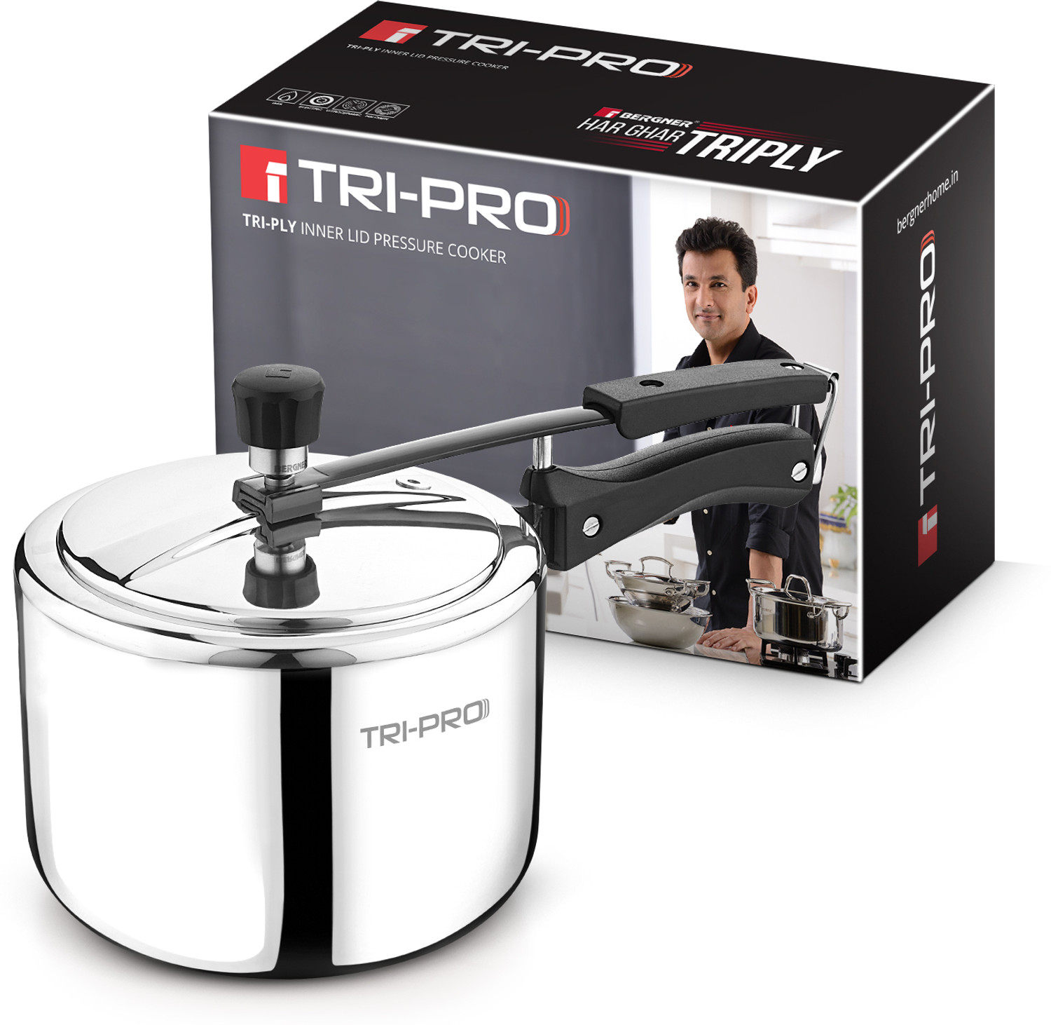 Image of BERGNER TriPro 3L Inner Lid Triply Pressure Cooker with Bakelite Safe Grip Handle, 3 L Inner Lid Induction Bottom Pressure Cooker & Pressure Pan