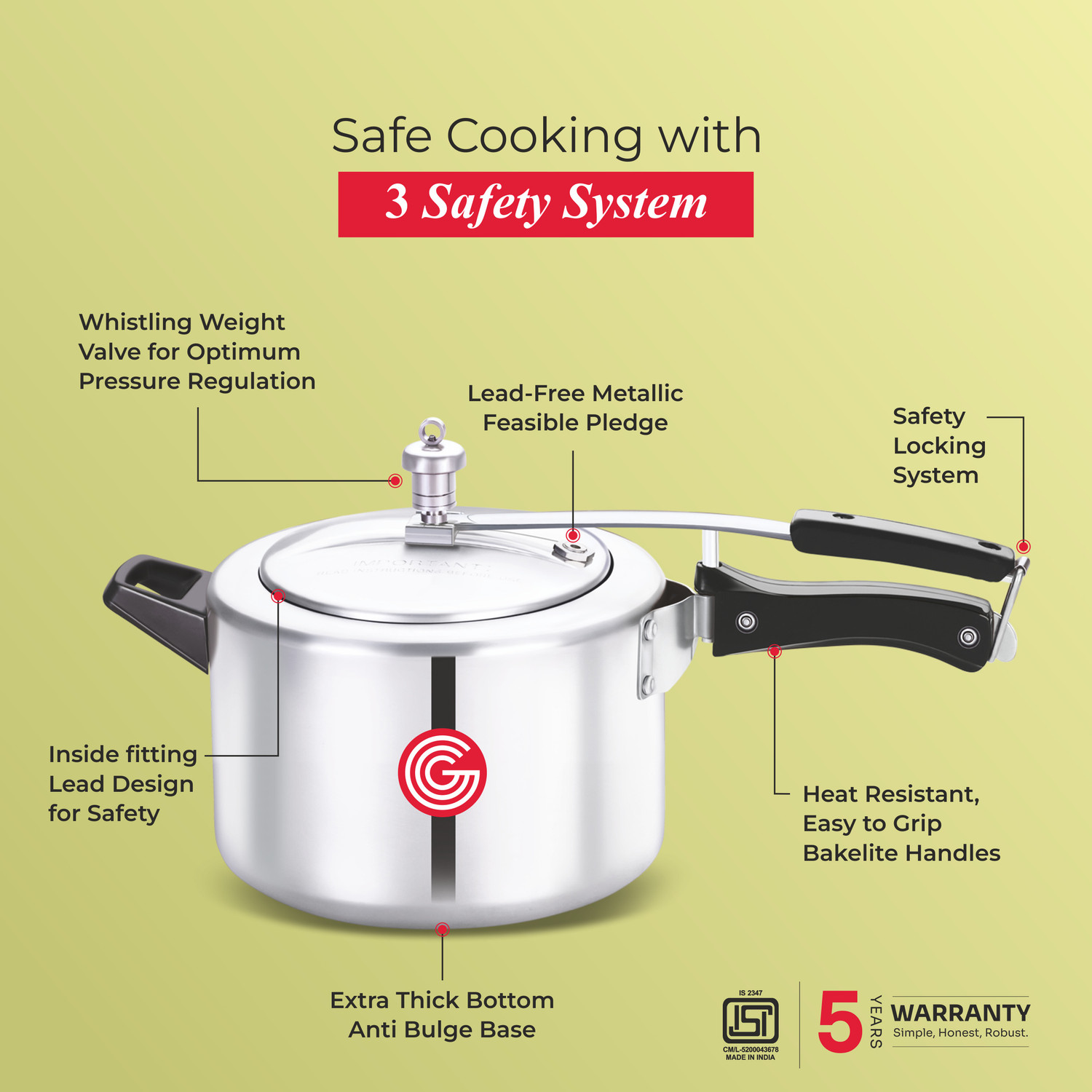 Image of globe Kiwi Regular Base with Inner Lid |6 Years Warranty 5 L Inner Lid Pressure Cooker