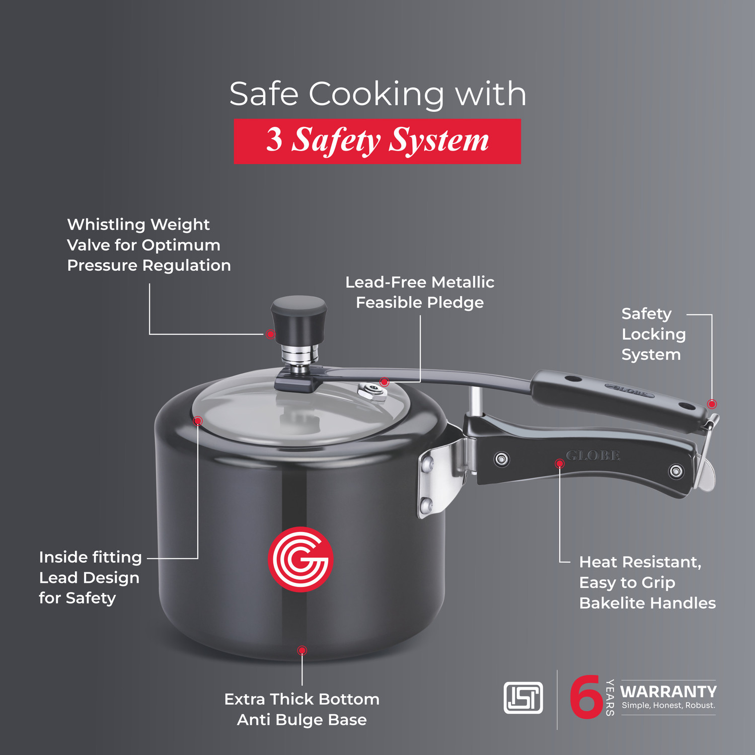 Image of globe Brio Induction Base with Stainless Steel Inner Lid 2 litre|6 Years Warranty 2 L Inner Lid Induction Bottom Pressure Cooker