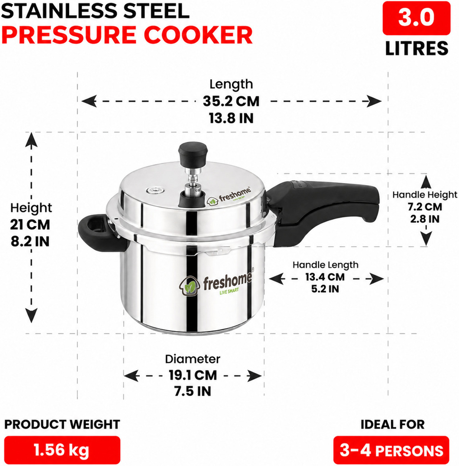 Image of Freshome Freshome ISI Stainless Steel TEJAS Pressure Cooker Heavy Gauge Gas Stove 3 L Outer Lid Induction Bottom Pressure Cooker