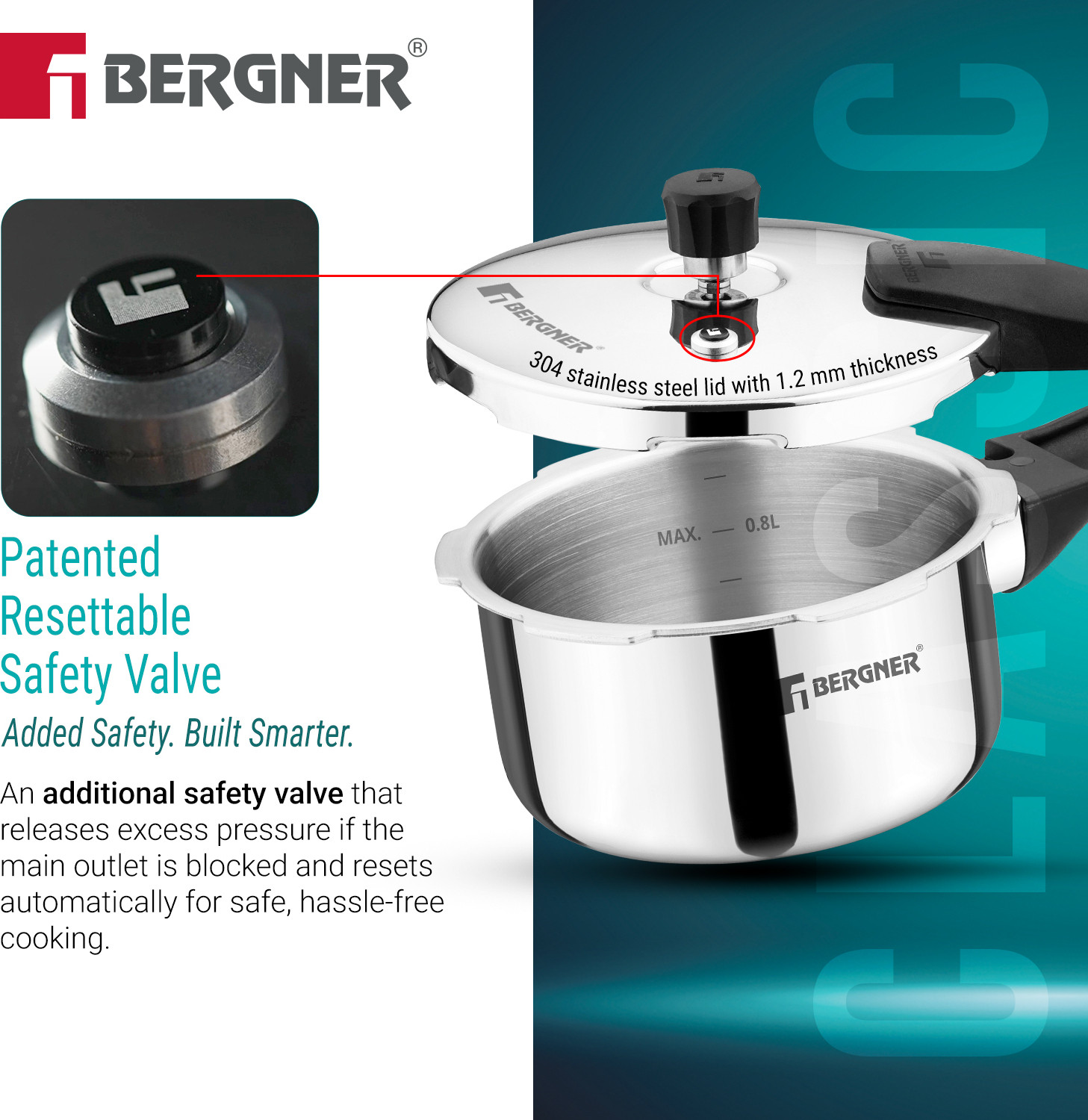 Image of BERGNER Argent Classic Pressure Cooker 1L Triply | 1 L Outer Lid Induction Bottom Pressure Cooker