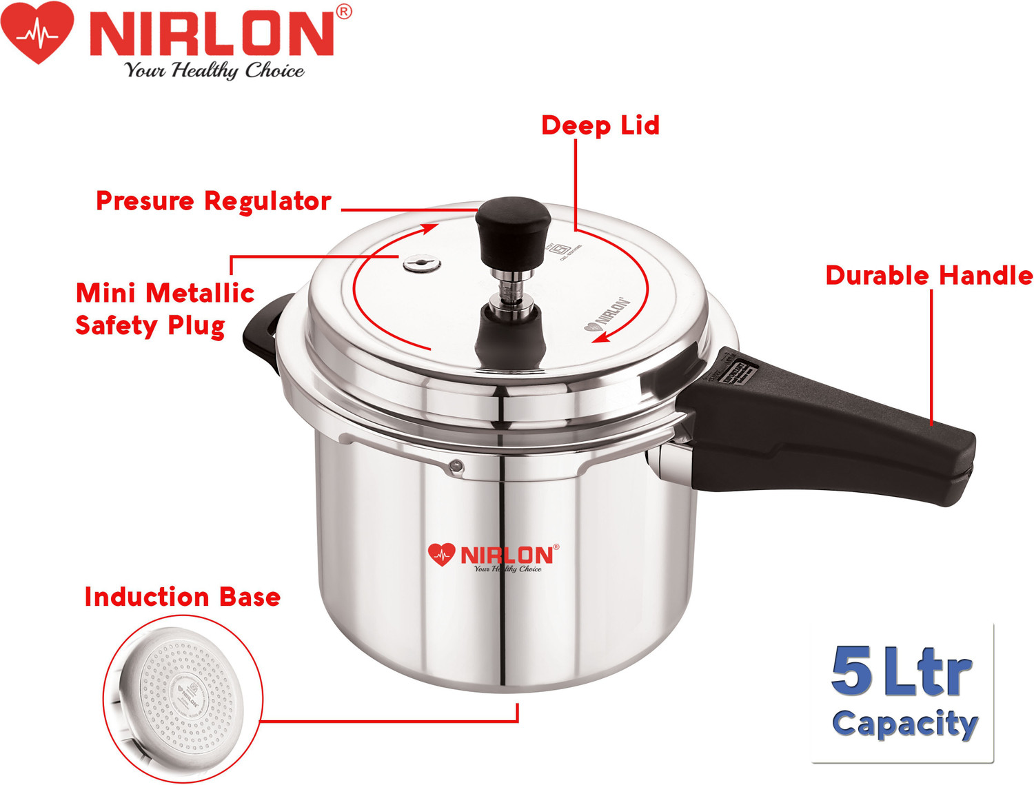Image of NIRLON Supreme Induction Base Outer Lid Aluminium Pressure Cooker, 5 Liters 5 L Induction Bottom Pressure Cooker (Aluminium)