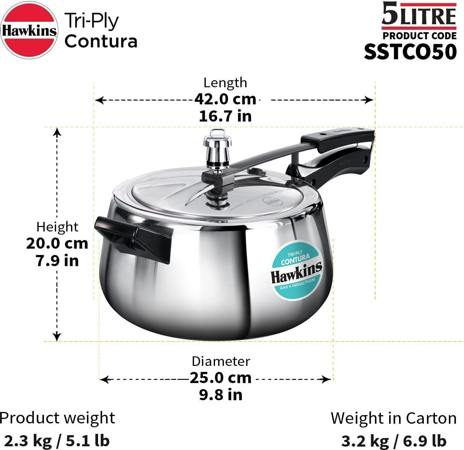 Image of Hawkins Contura Best Cooker 5 L Inner Lid Induction Bottom Pressure Cooker