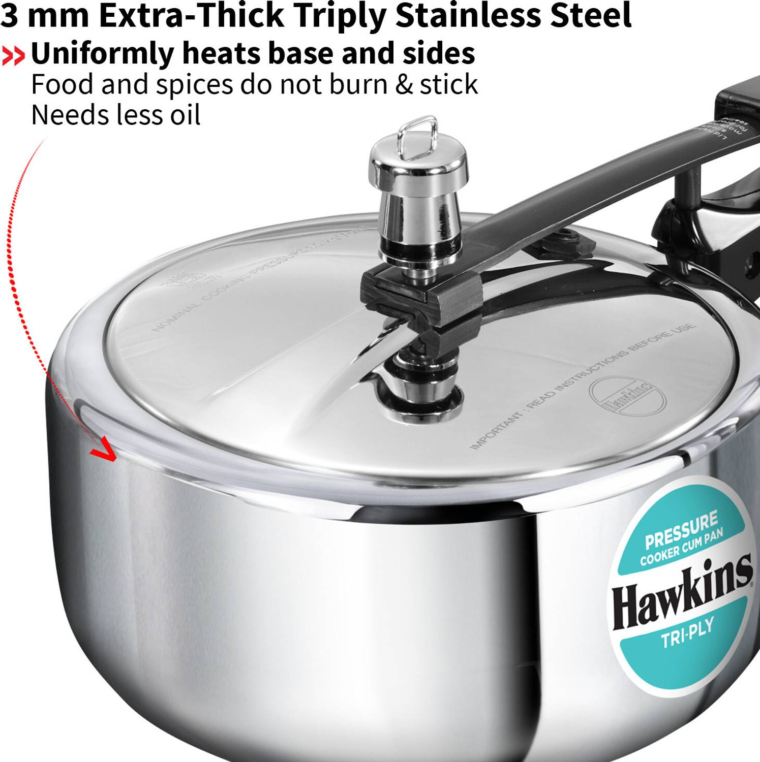 Hawkins 3L Silver Tri-Ply Pressure Cooker - Image 3