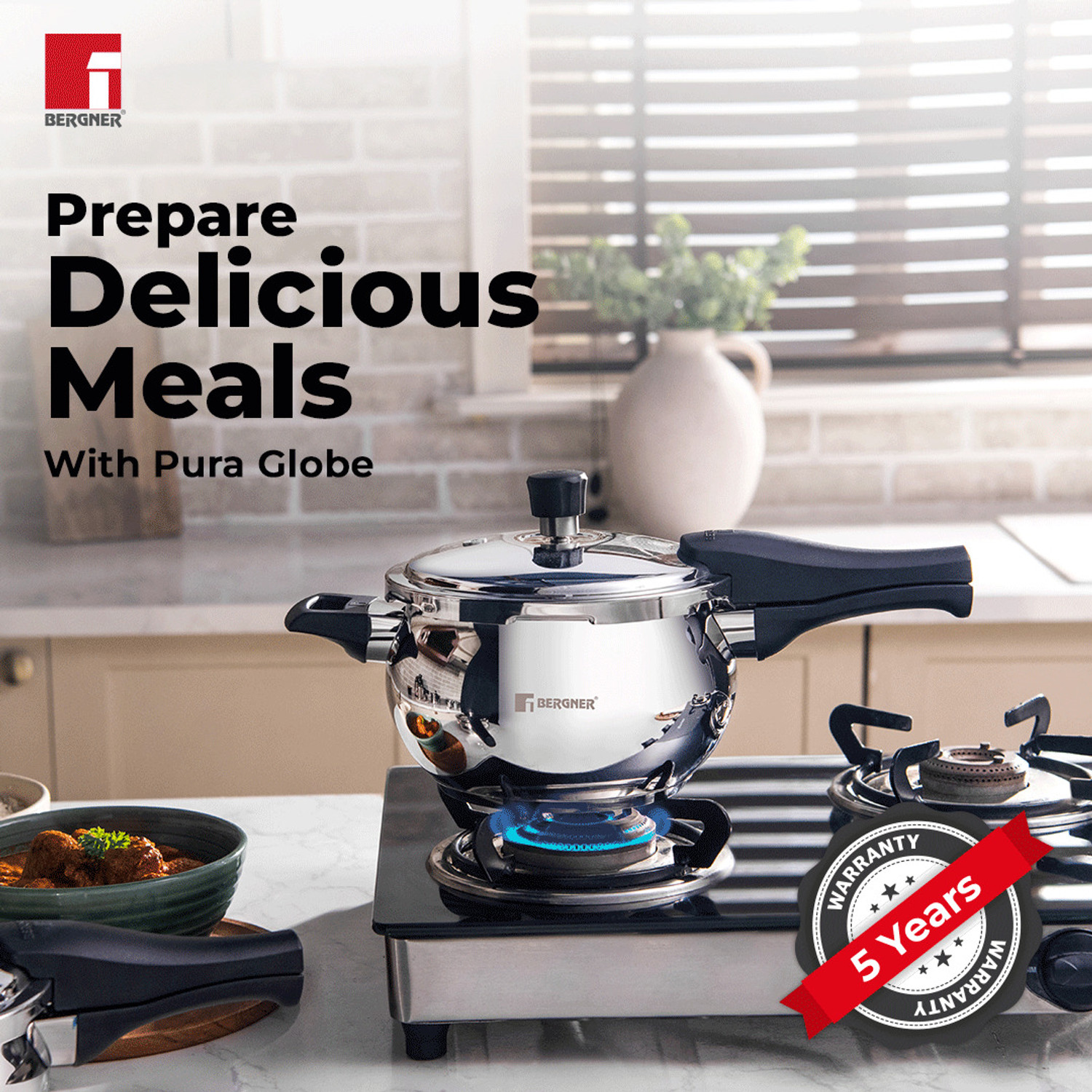 Image of BERGNER Pura Globe Triply Belly Shape Outer Lid 3.5 L Outer Lid Induction Bottom Pressure Cooker