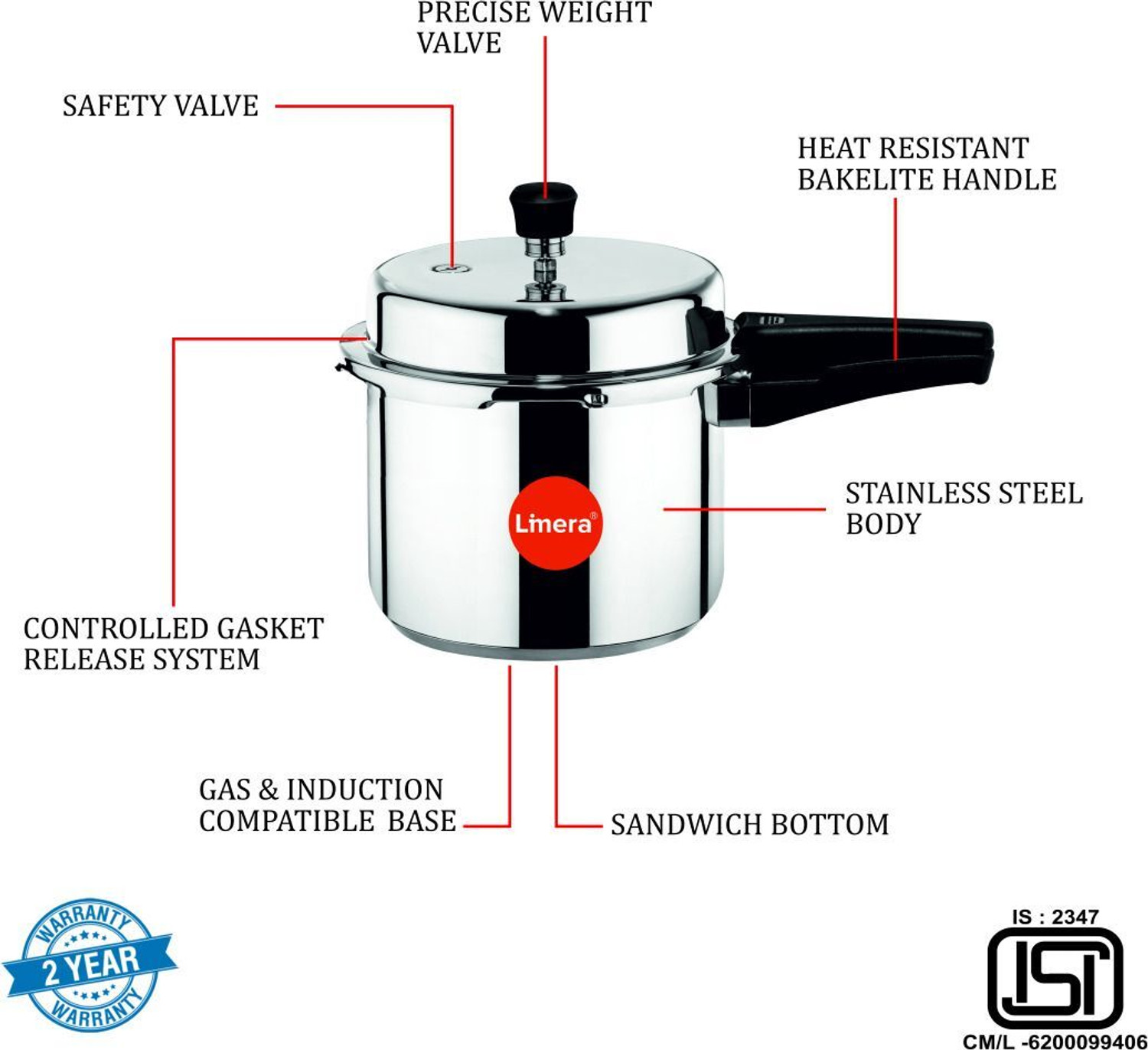 Image of Limera ISI Certified Stainless Steel Cooker Combo 2 L, 3 L, 5 L Outer Lid Induction Bottom Pressure Cooker