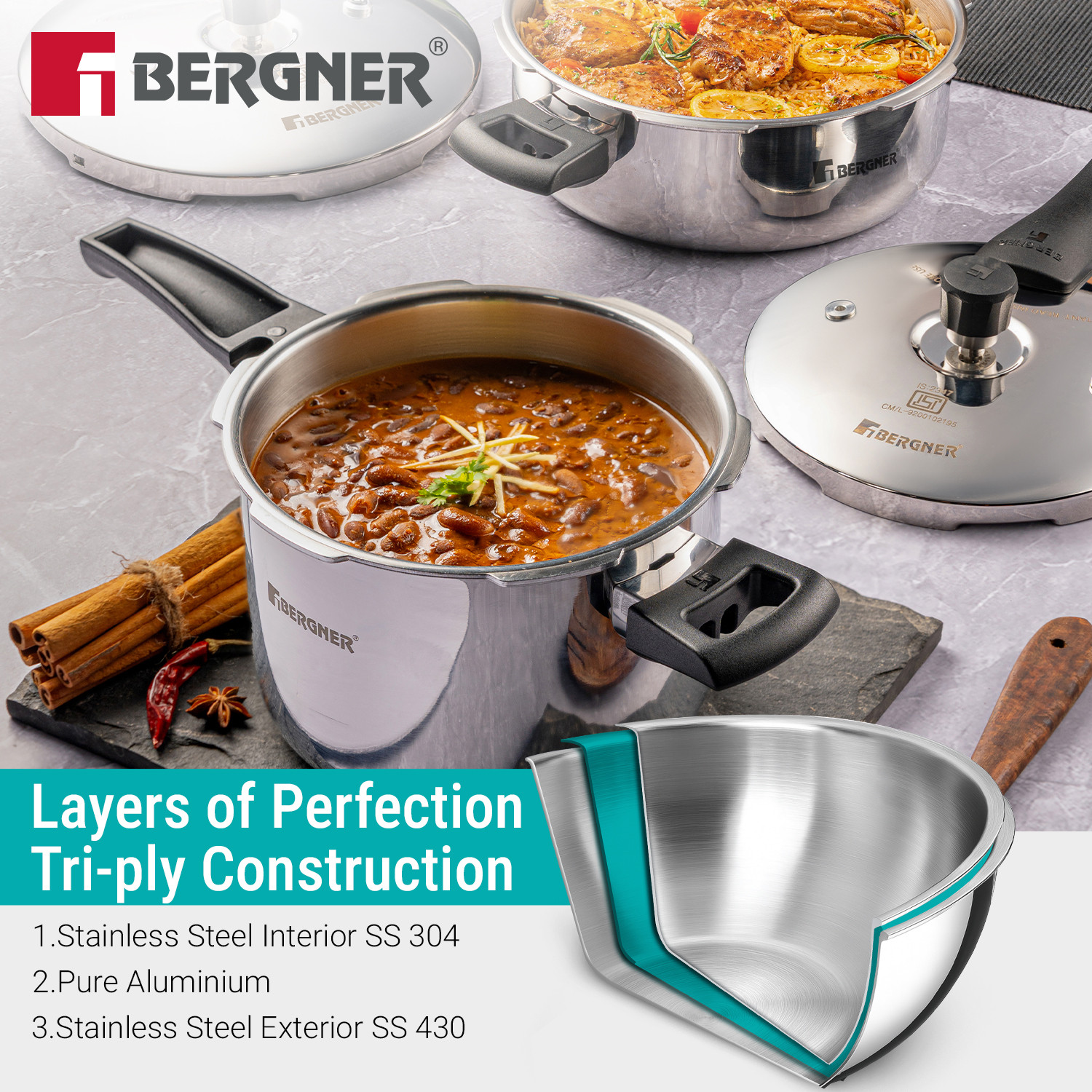Image of BERGNER Argent Classic Pressure Cooker 1L Triply | 1 L Outer Lid Induction Bottom Pressure Cooker