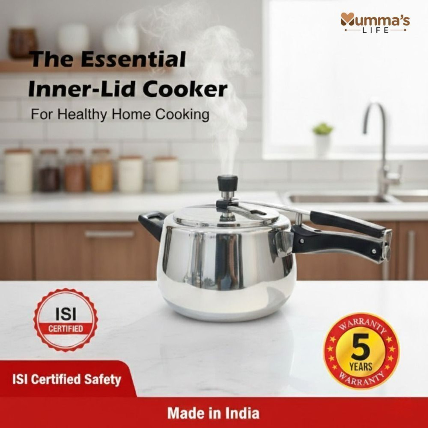 Image of Mumma's LIFE Triply Stainless Steel Pressure Cooker 5 Litre (Inner Lid) | ISI Certified | 5 L Inner Lid Induction Bottom Pressure Cooker