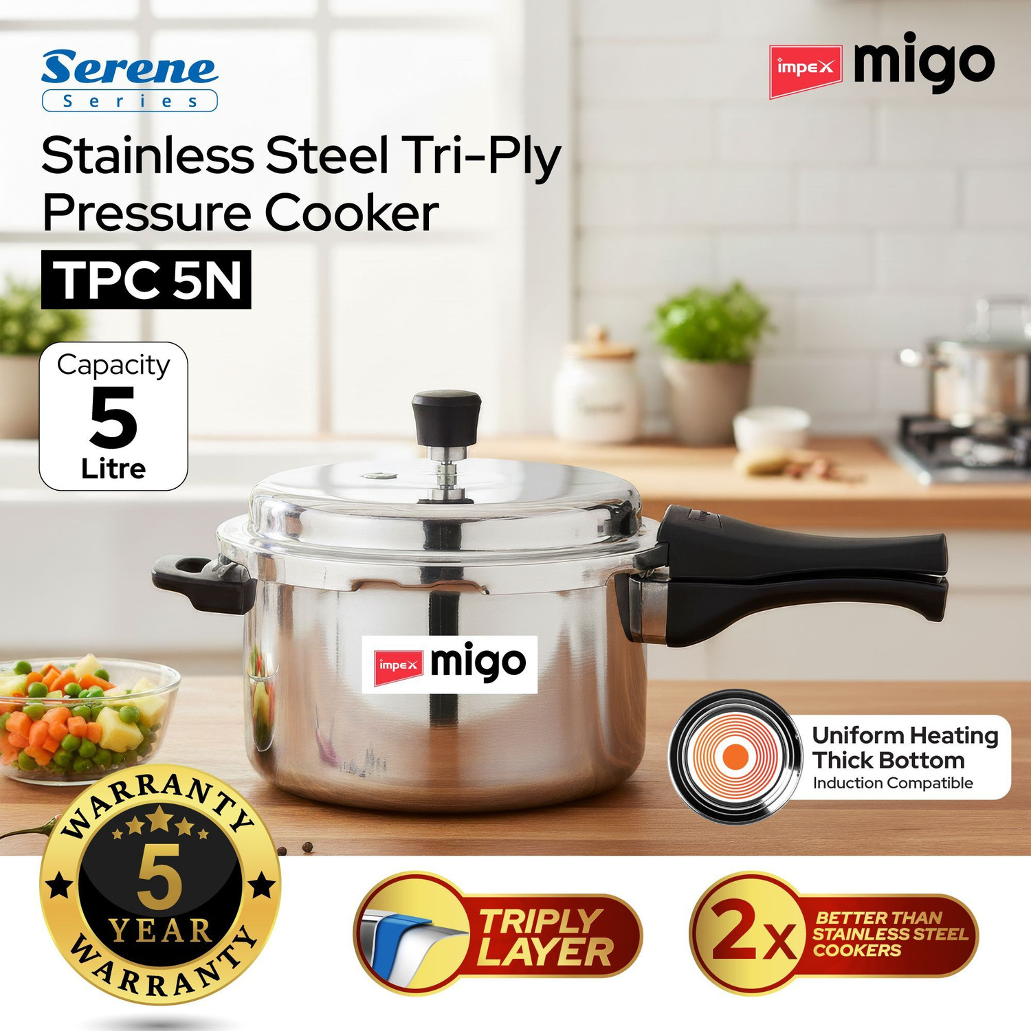 Image of IMPEX Triply Stainless Steel Pressure Cooker 5 Litres With Outer Lid | ISI Certified | 5 L Outer Lid Induction Bottom Pressure Cooker