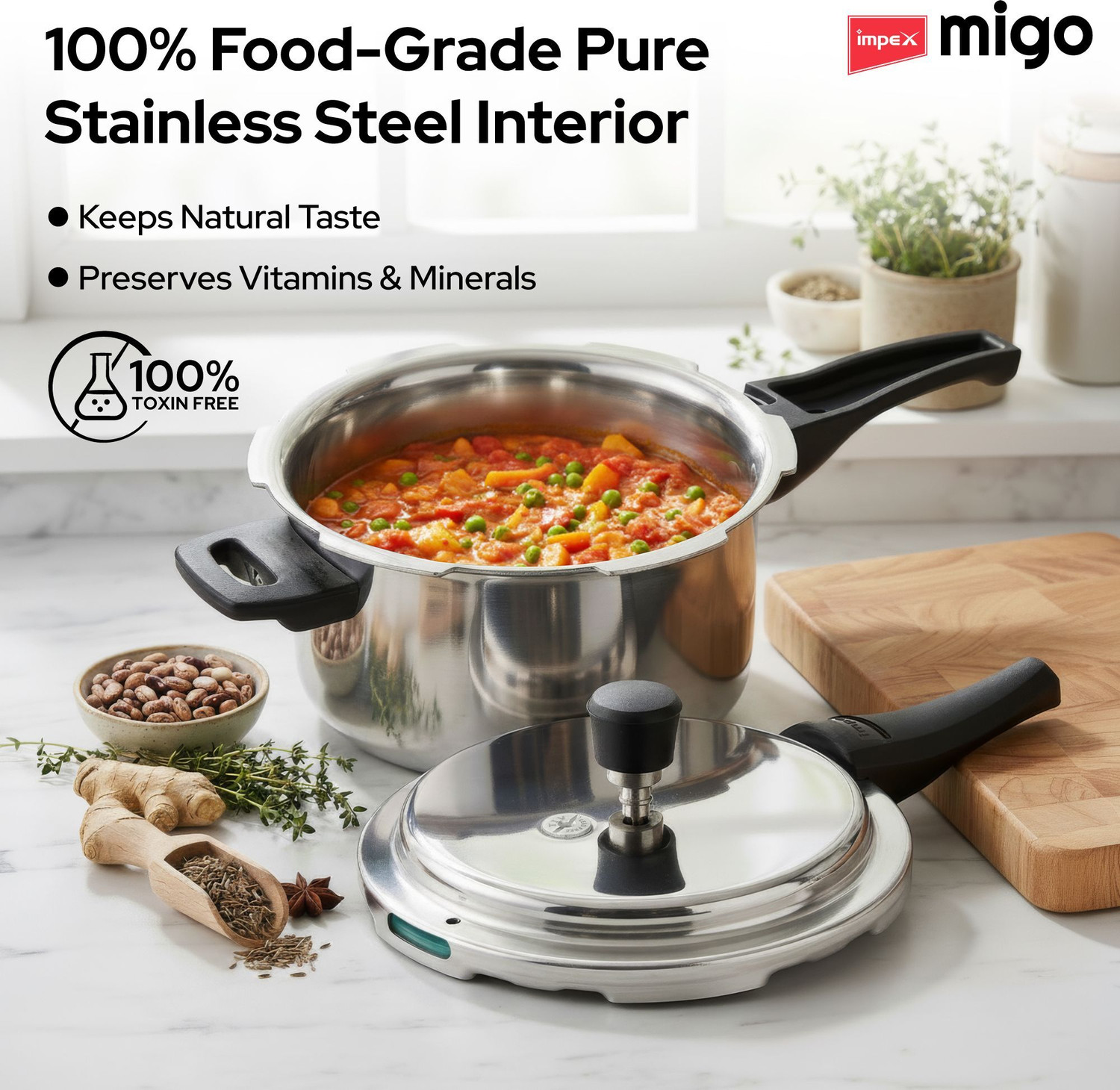 Image of IMPEX Triply Stainless Steel Pressure Cooker 5 Litres With Outer Lid | ISI Certified | 5 L Outer Lid Induction Bottom Pressure Cooker