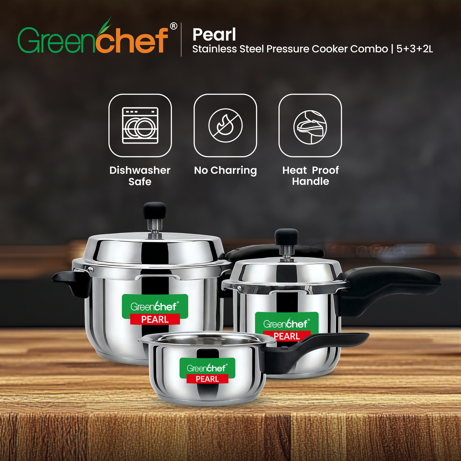 Image of Greenchef Pearl Special Combo 2 L, 3 L, 5 L Outer Lid Induction Bottom Pressure Cooker