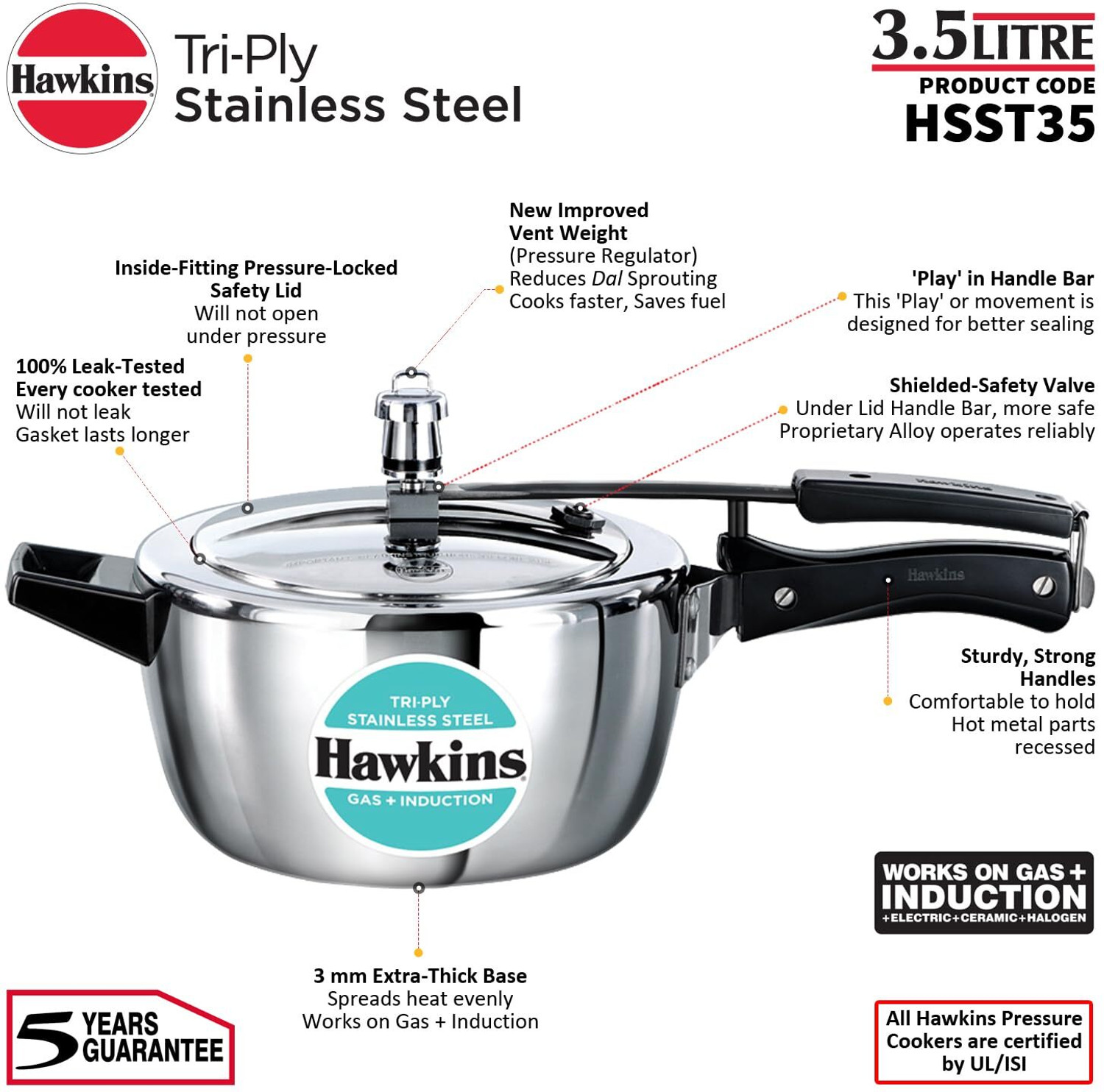 Image of Hawkins Pressure Cooker Triply Stainless Steel 3.5 L(HSST35), Hard Anodized 6.5L(CXT65), 3.5 L, 6.5 L Inner Lid Induction Bottom Pressure Cooker