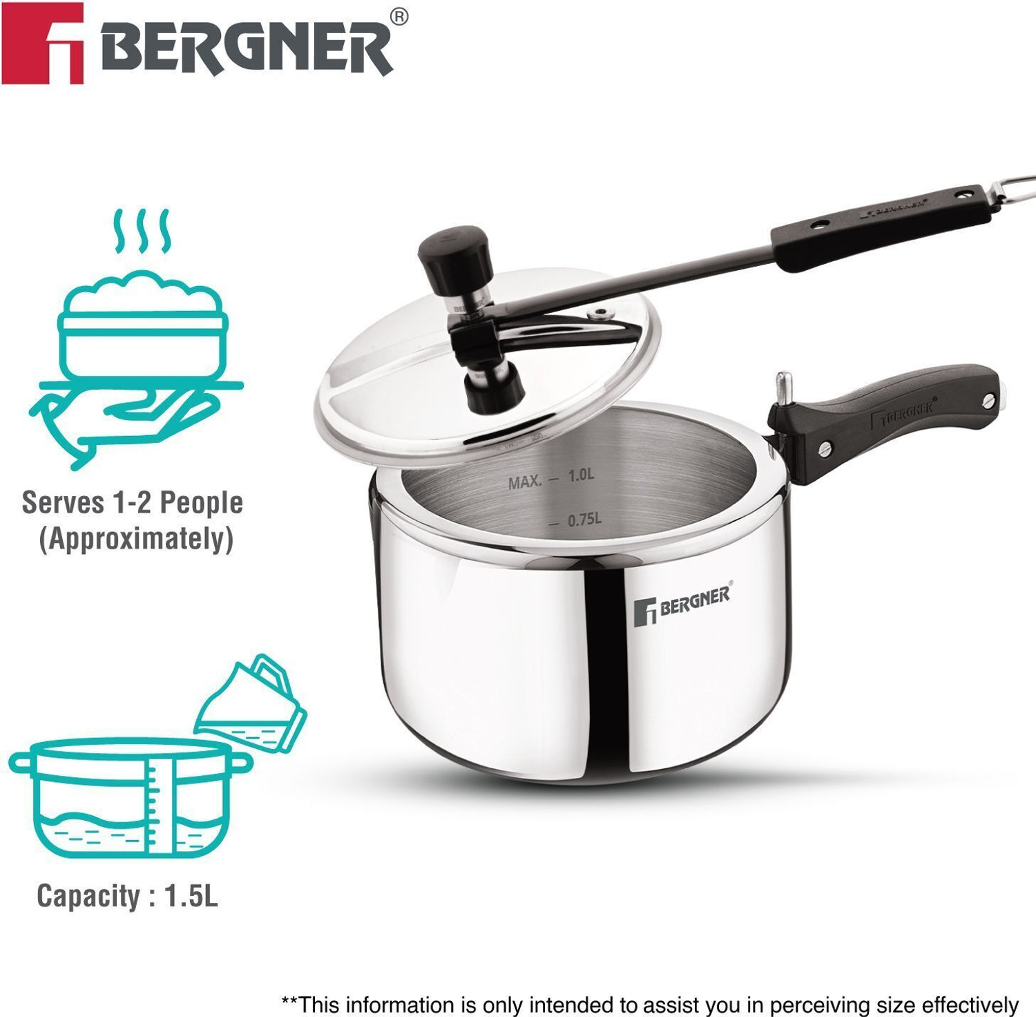 Image of BERGNER Argent Nilesh Inner Lid Triply Pressure Cooker, Rivetless Technology, 1.5 L Inner Lid Induction Bottom Pressure Cooker