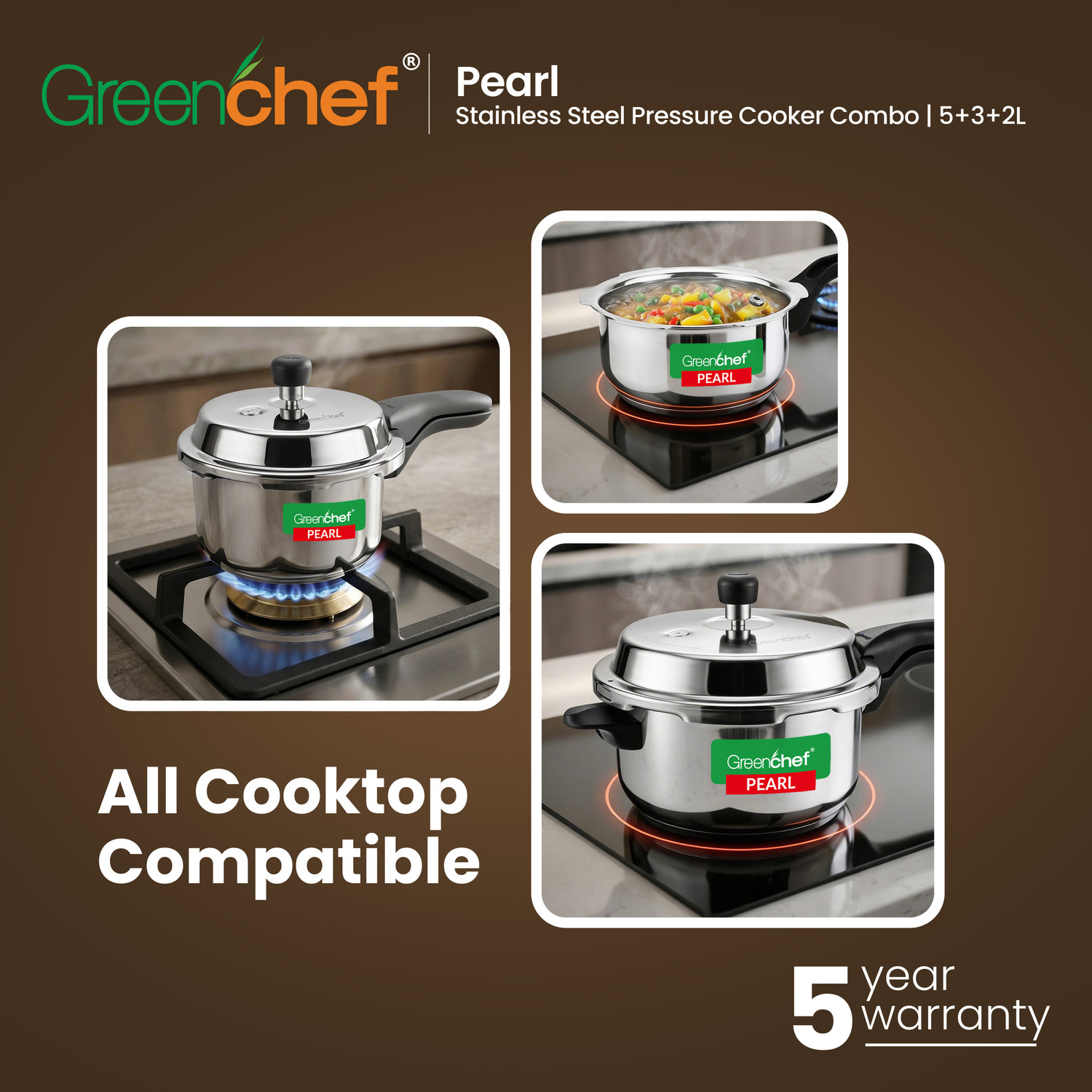 Image of Greenchef Pearl Special Combo 2 L, 3 L, 5 L Outer Lid Induction Bottom Pressure Cooker