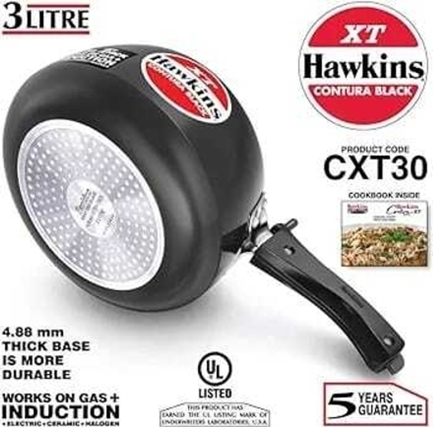 Image of Hawkins Contura Black XT 3 L Inner Lid Pressure Cooker, Hard Anodised,Induction Cooker 3 L Inner Lid Induction Bottom Pressure Cooker
