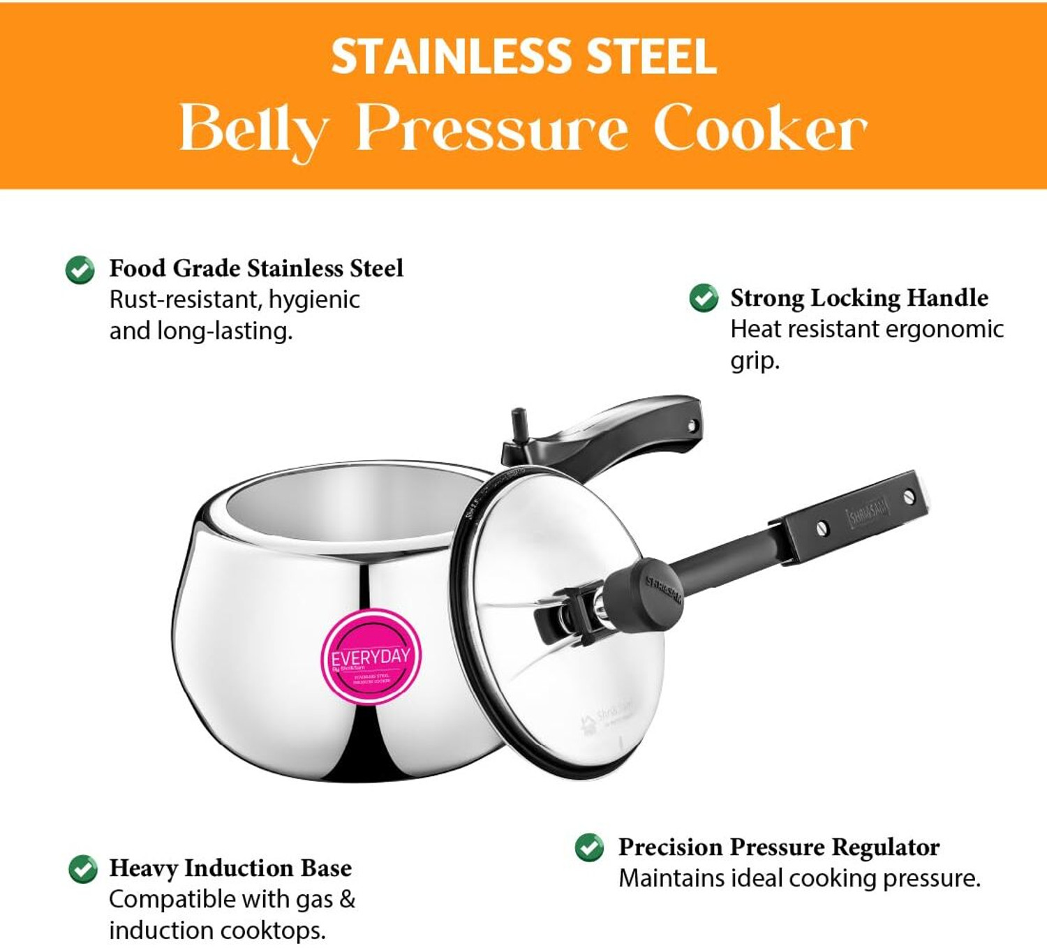Image of Everyday Stainless Steel Pressure Cooker 3 Litre Belly Shape ISI Certified 3 L Inner Lid Induction Bottom Pressure Cooker