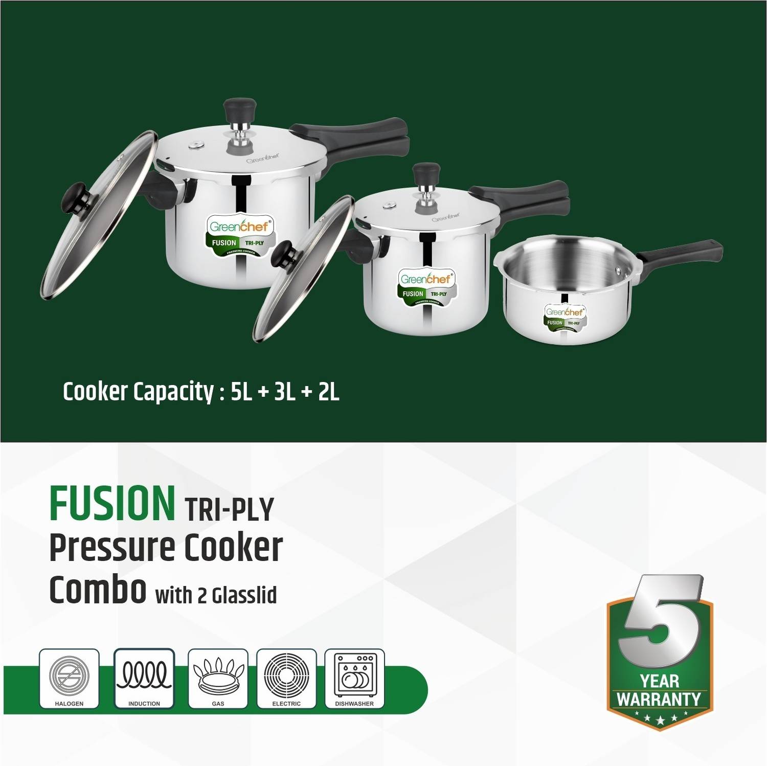 Greenchef Fusion Tri-Ply Pressure Cooker Combo 5L, 3L, 2L Pack of 5 - Image 2