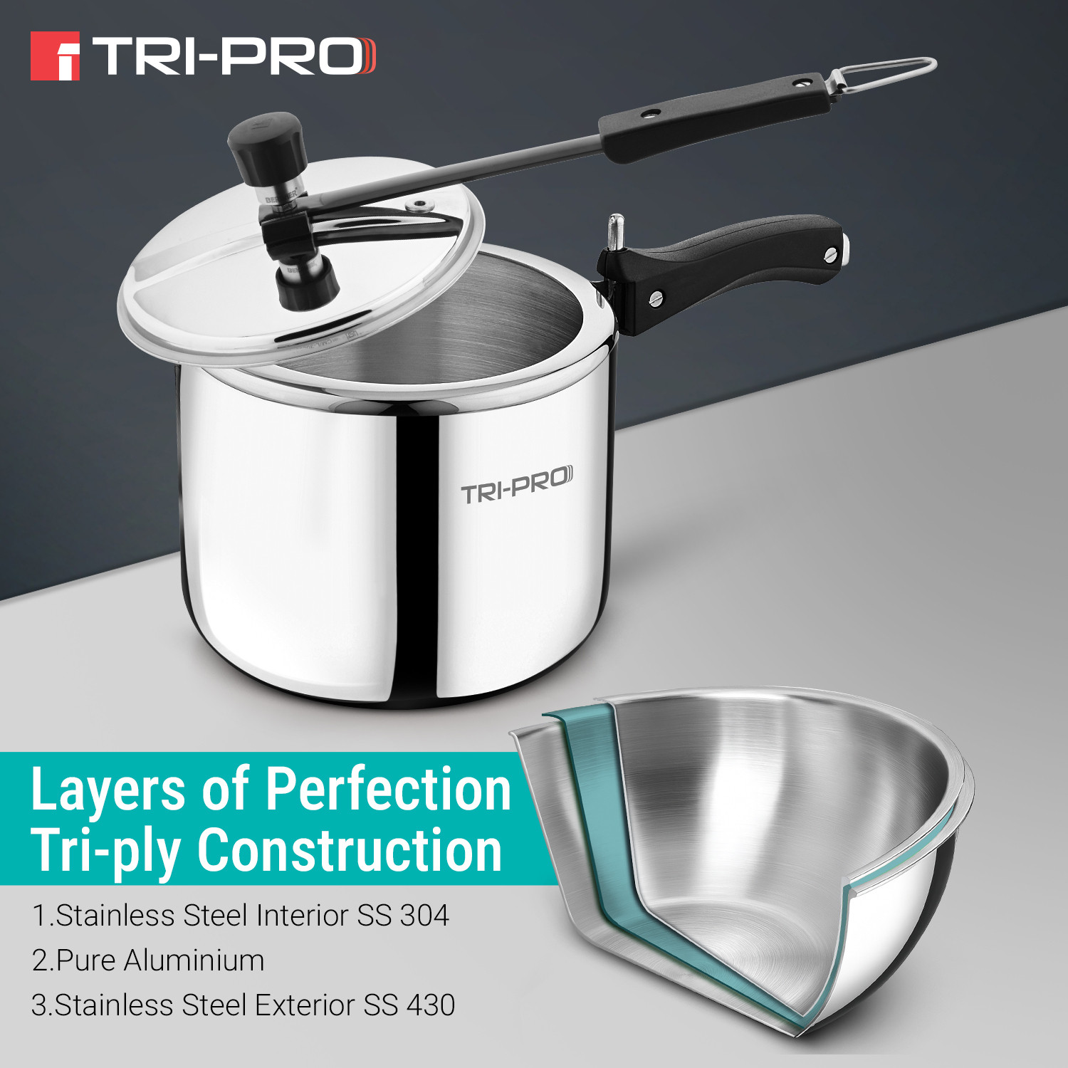 Image of BERGNER TriPro 3L Inner Lid Triply Pressure Cooker with Bakelite Safe Grip Handle, 3 L Inner Lid Induction Bottom Pressure Cooker & Pressure Pan