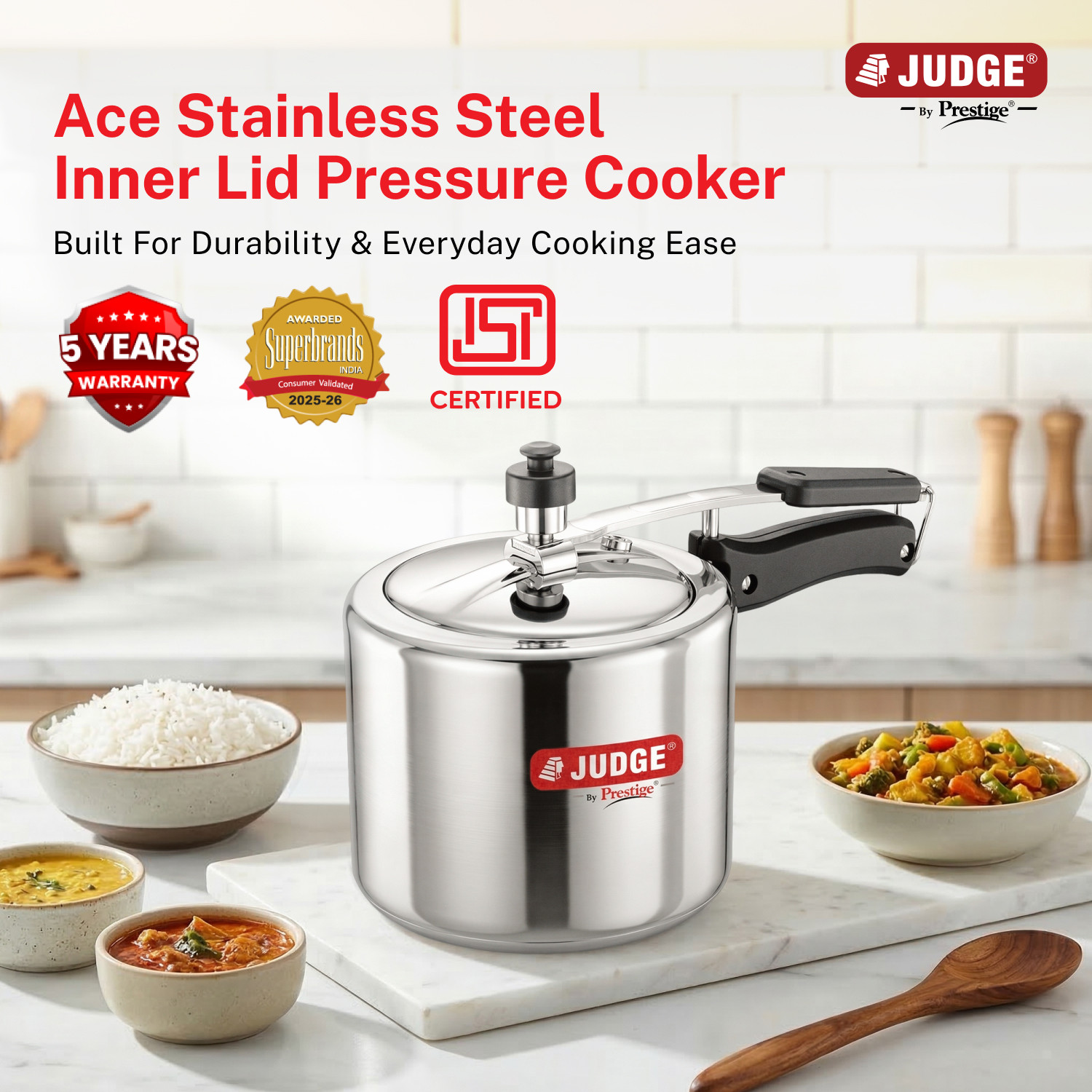 Image of Prestige Judge ACE Induction Base|Long Lasting Pressure Regulator|Easy Grip handle 3 L Inner Lid Induction Bottom Pressure Cooker