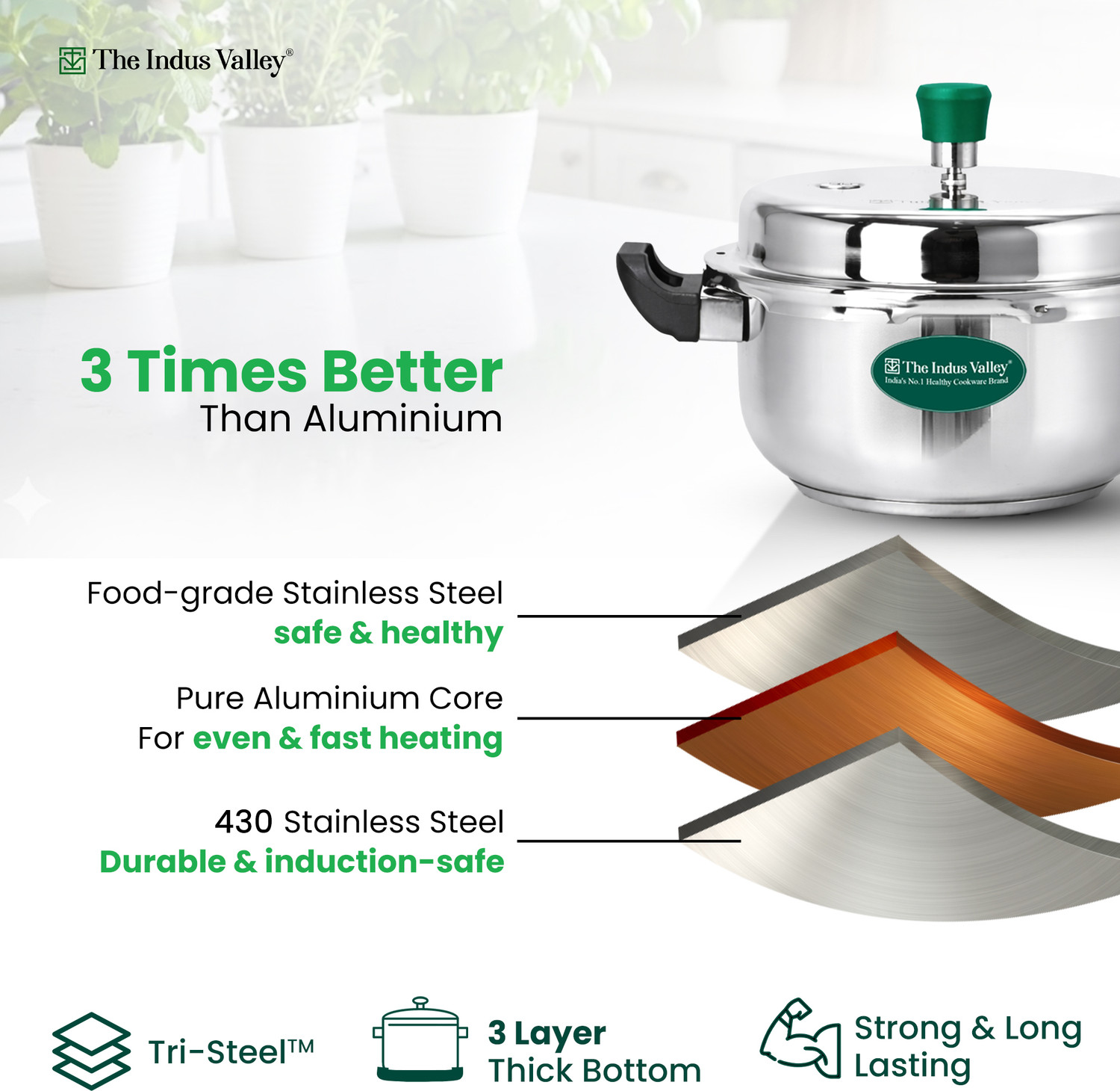Image of The Indus Valley Stainless Steel Outer Lid Pressure Pan 3 L Outer Lid Induction Bottom Pressure Cooker