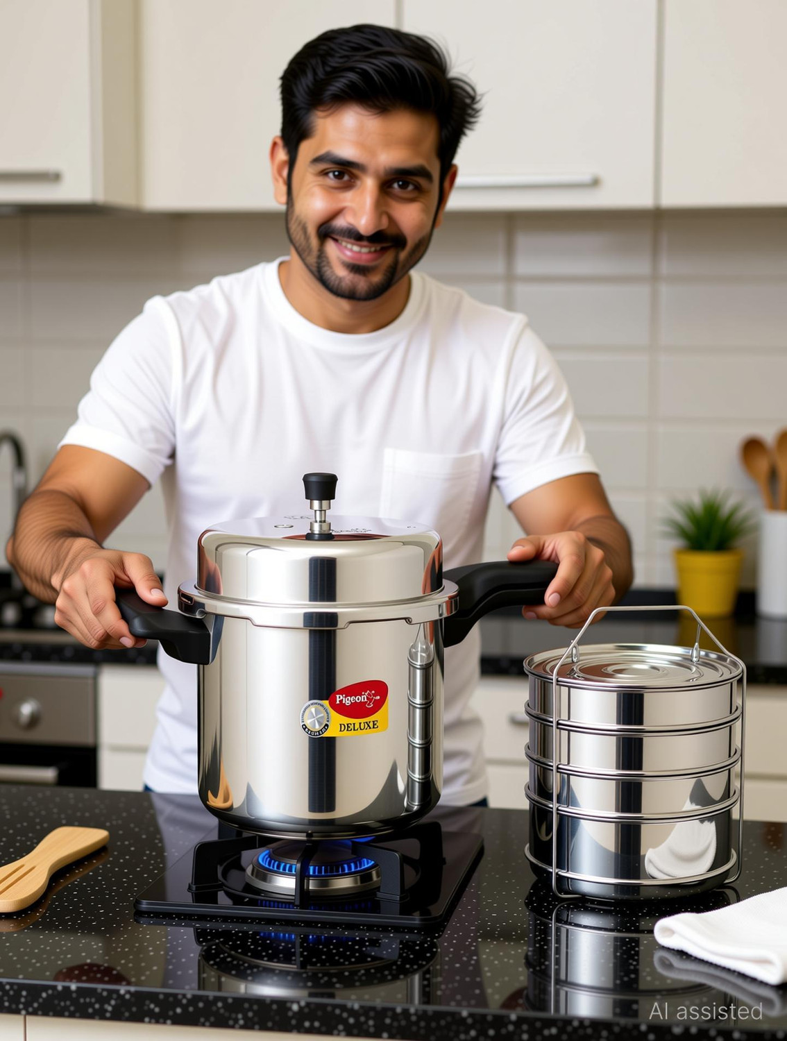 Image of Pigeon Deluxe 12 L Cooker with Suitable Stainless Steel Cooker Separator 12 L Outer Lid Pressure Cooker