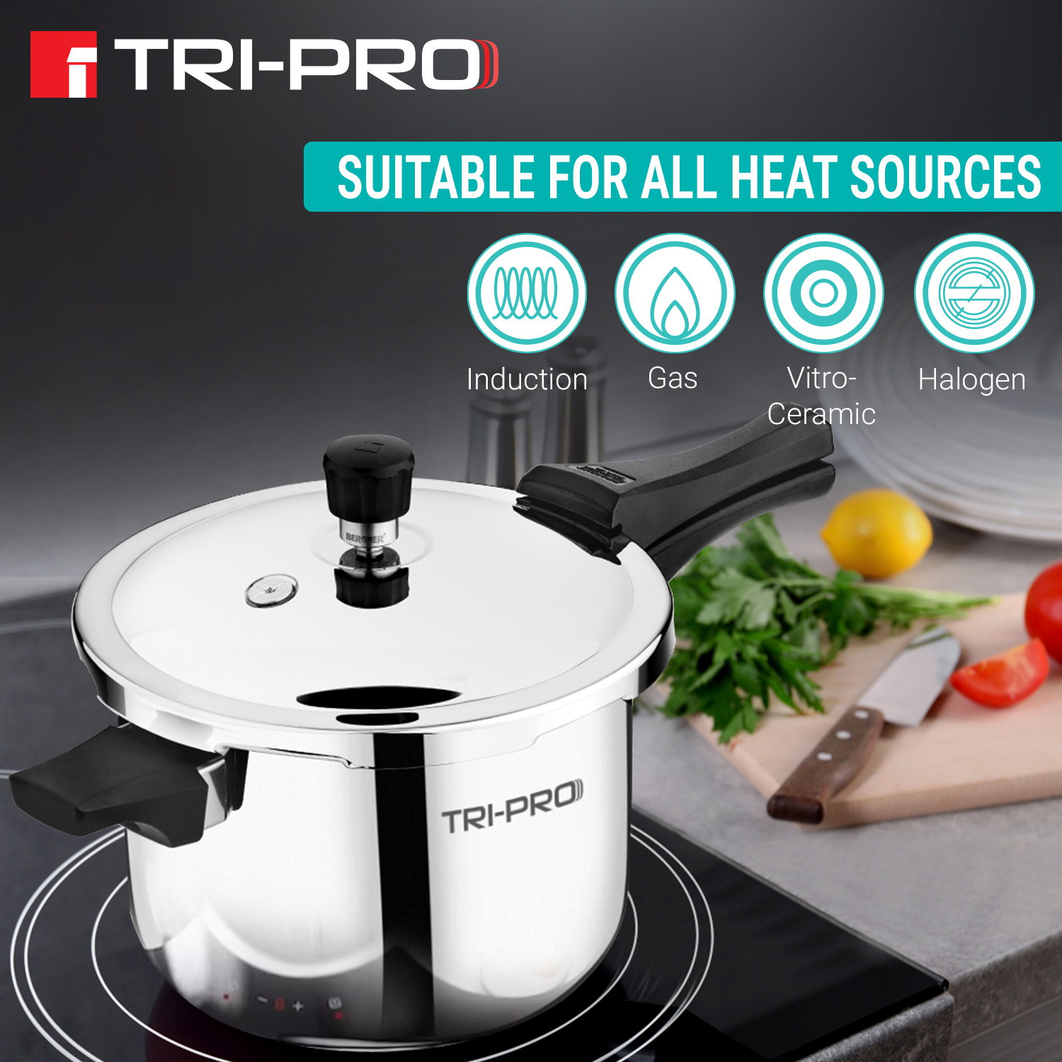 Image of BERGNER TriPro Triply Stainless Steel 5 L Outer Lid Pressure Cooker, Bakelite Handle, 5 L Outer Lid Induction Bottom Pressure Cooker