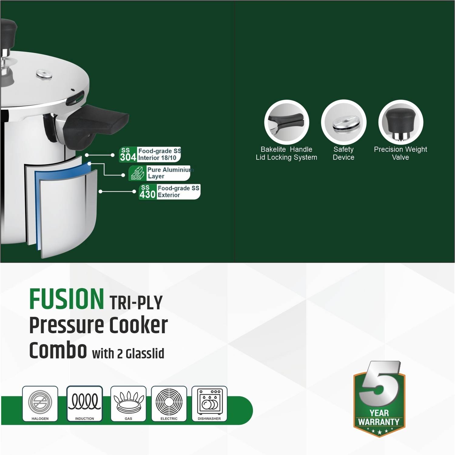 Greenchef Fusion Tri-Ply Pressure Cooker Combo 5L, 3L, 2L Pack of 5 - Image 3