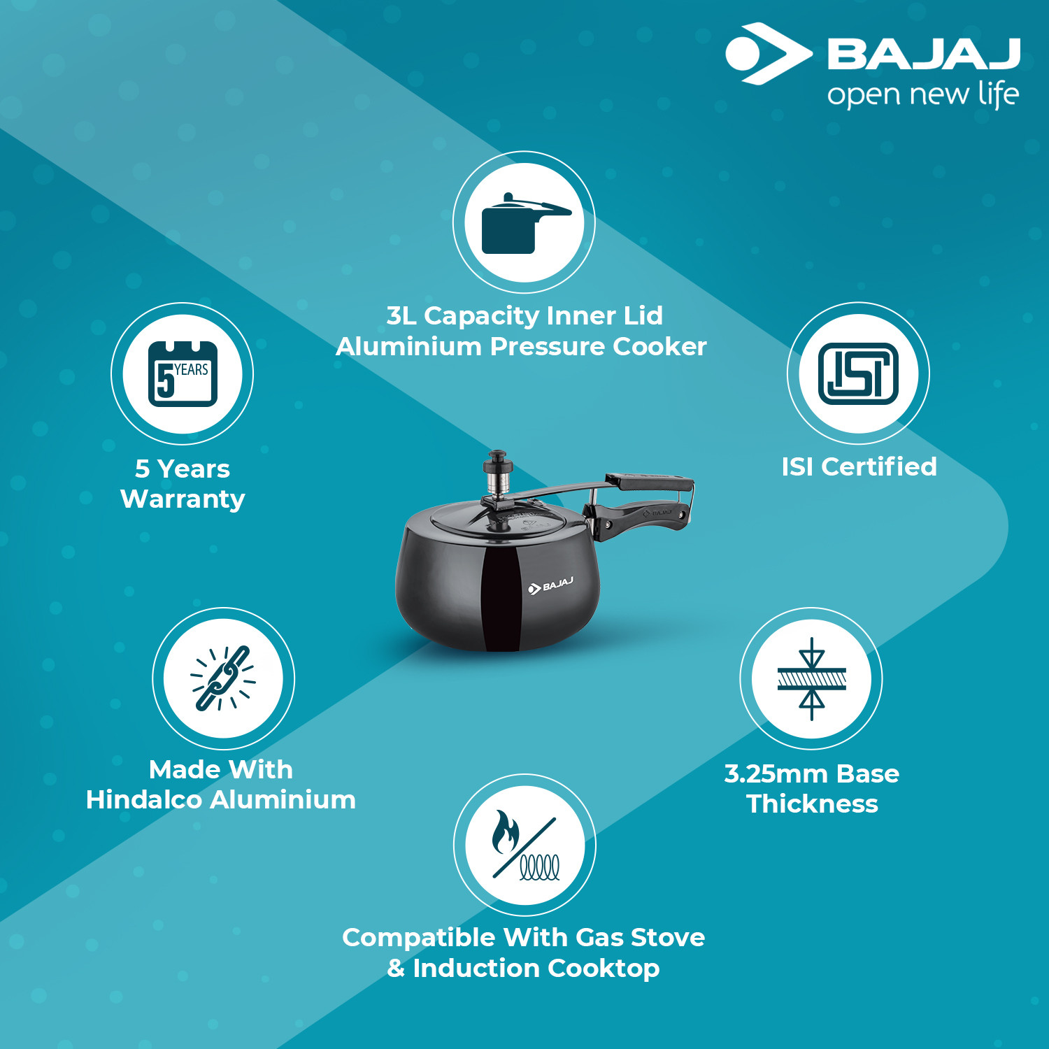 Image of BAJAJ New Shakti 3HD HA Handi With IB 3 L Inner Lid Induction Bottom Pressure Cooker