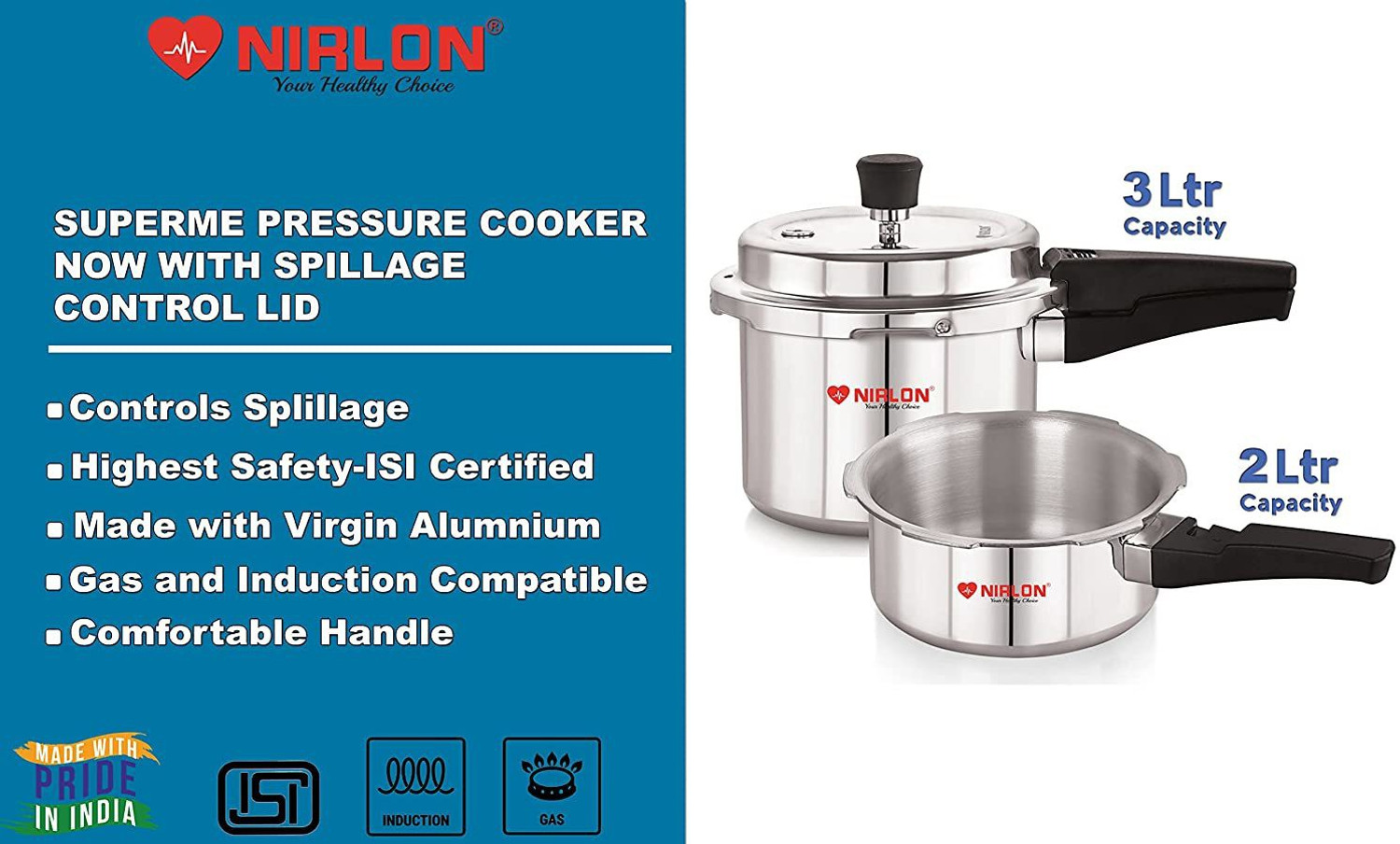 Image of NIRLON Combo Induction Base Outer Lid Aluminium Pressure Cooker, 2+3 Ltr with Comon Lid 2 L, 3 L Induction Bottom Pressure Cooker (Aluminium)