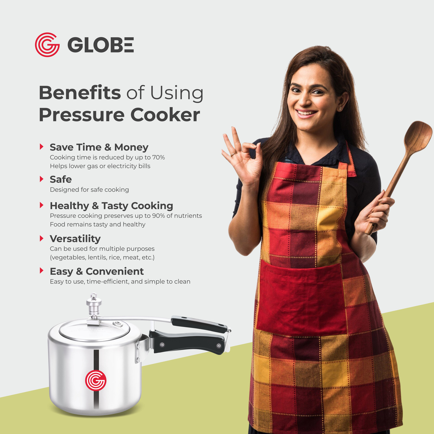 Image of globe Kiwi Regular Base with Inner Lid |6 Years Warranty 3 L Inner Lid Pressure Cooker