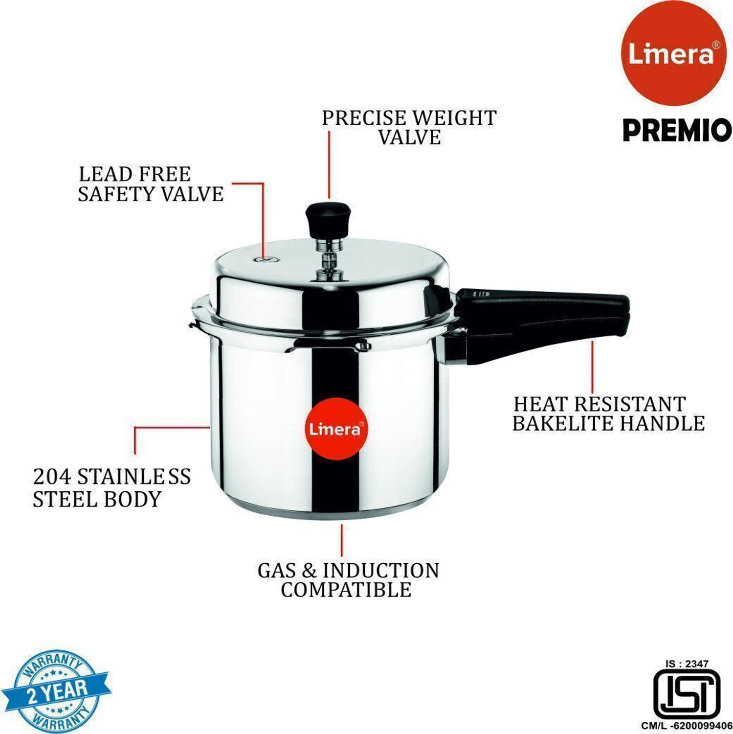 Image of Limera ISI Certified Stainless Steel Cooker 2 L Outer Lid Induction Bottom Pressure Cooker