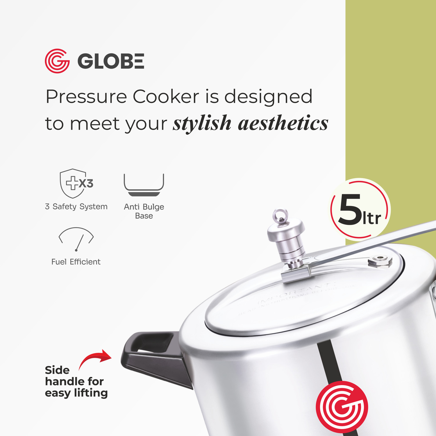 Image of globe Kiwi Regular Base with Inner Lid |6 Years Warranty 5 L Inner Lid Pressure Cooker