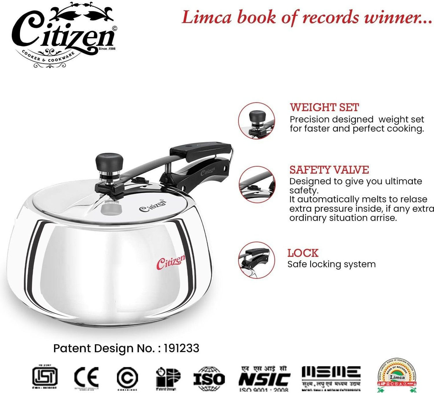 Image of CITIZEN Handi 2 Ltr Stainless Steel with Sandwich Bottem Inner Lid Pressure Cooker 2 L Inner Lid Pressure Cooker