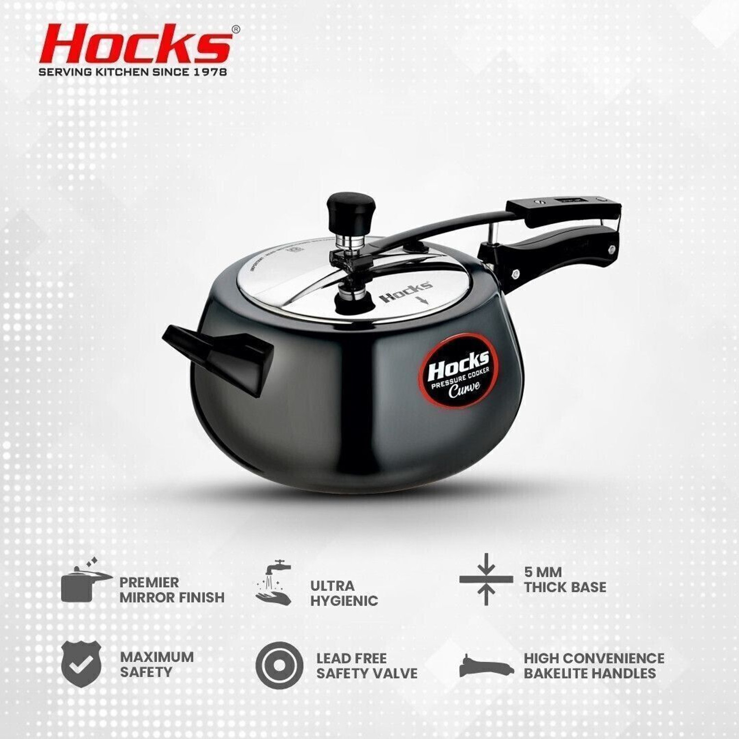 Image of Hocks Black Curve 5 L Inner Lid Induction Bottom Pressure Cooker