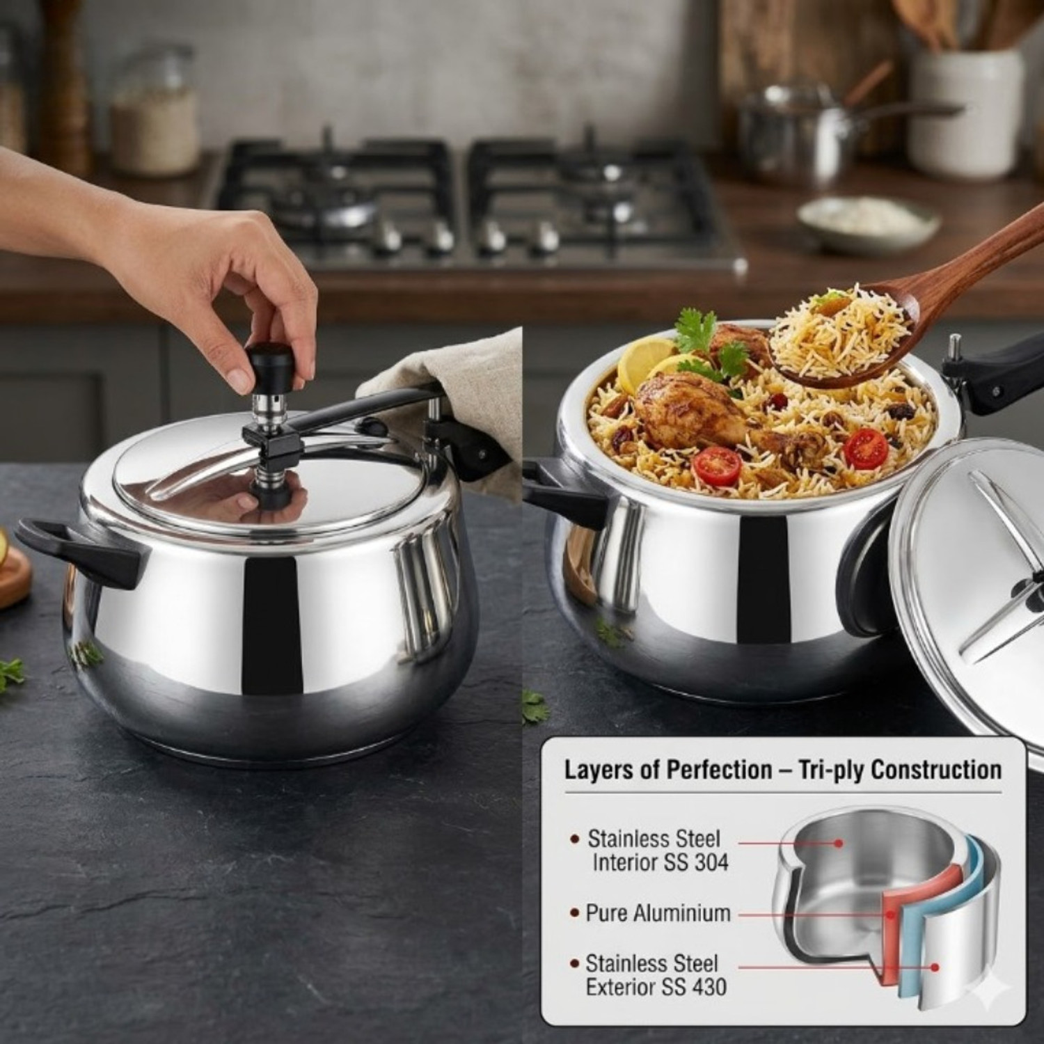 Image of Mumma's LIFE Triply Stainless Steel Pressure Cooker 5 Litre (Inner Lid) | ISI Certified | 5 L Inner Lid Induction Bottom Pressure Cooker