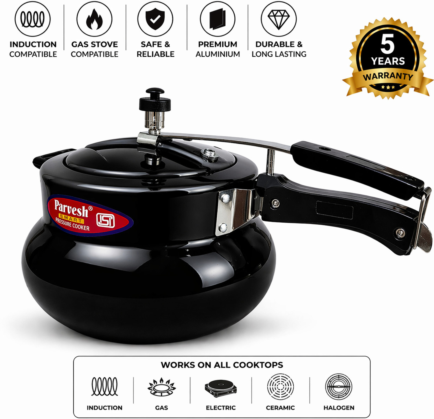 Image of PS PARVESH SMART 3 Litre Induction Base Handi Pressure Cooker | Inner Lid | ISI Certified 3 L Inner Lid Induction Bottom Pressure Cooker