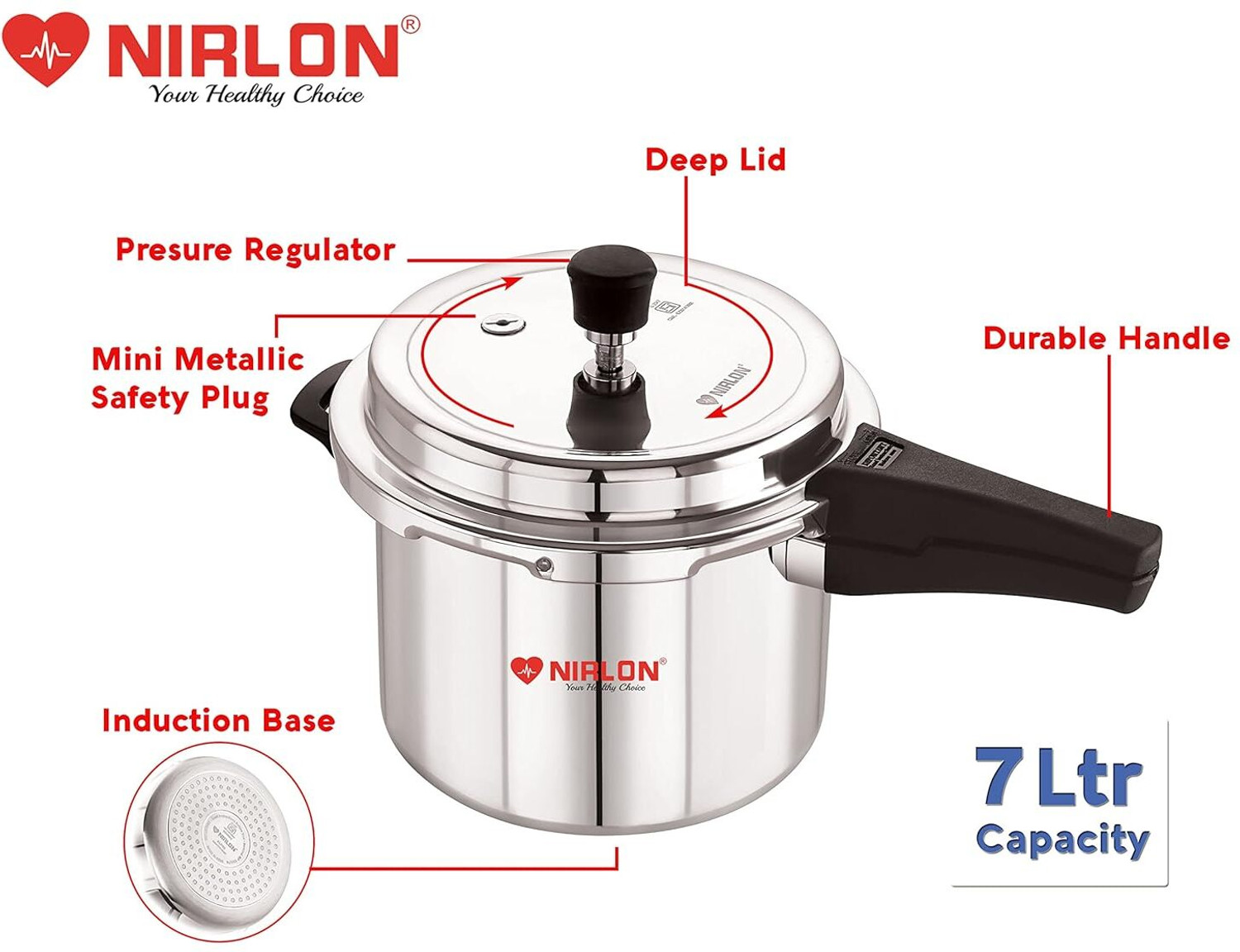 Image of NIRLON Induction Base Outer Lid Aluminium Pressure Cooker (7 Litres, Silver) 7 L Induction Bottom Pressure Cooker (Aluminium)