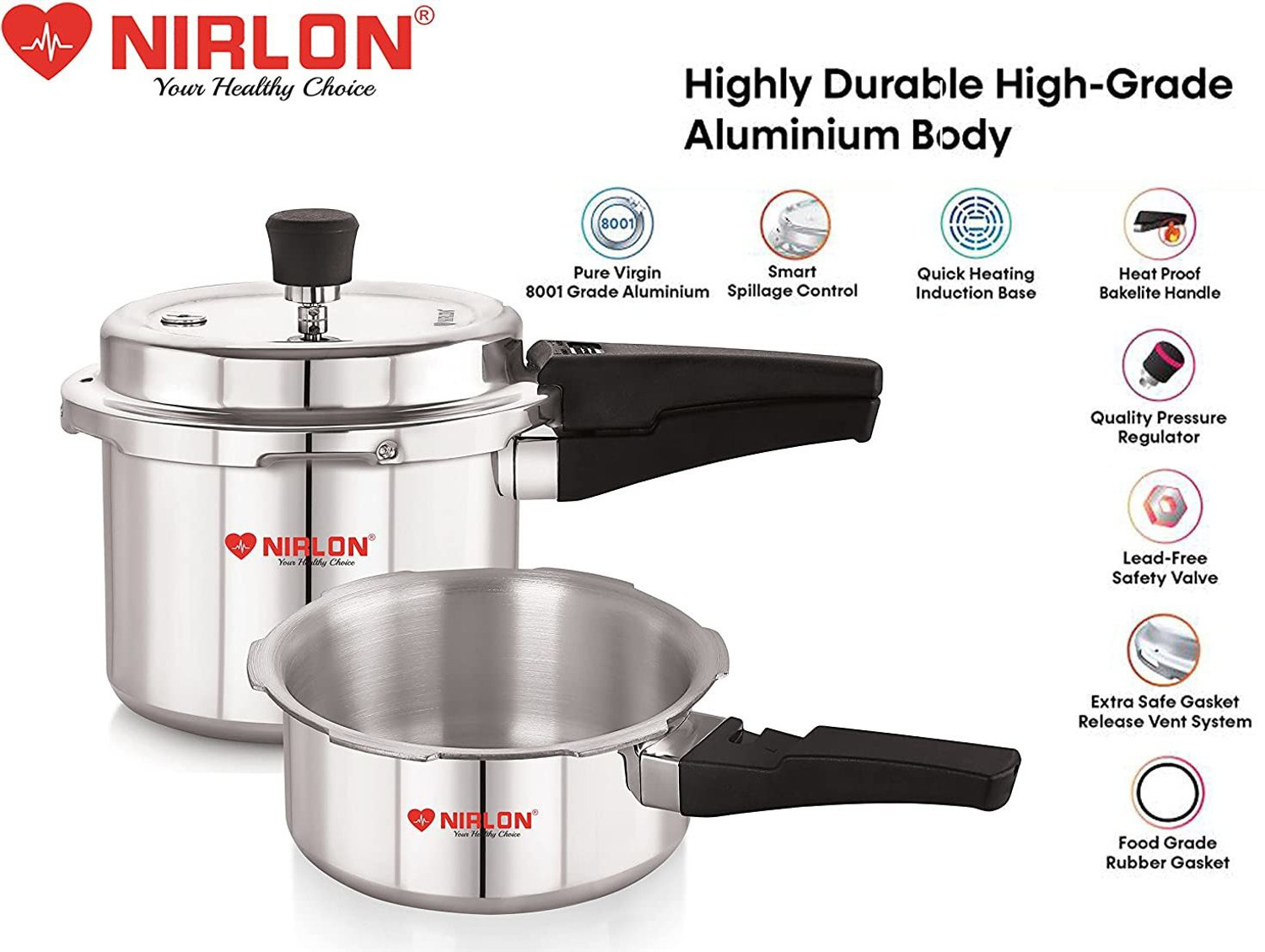 Image of NIRLON Combo Induction Base Outer Lid Aluminium Pressure Cooker, 2+3 Ltr with Comon Lid 2 L, 3 L Induction Bottom Pressure Cooker (Aluminium)