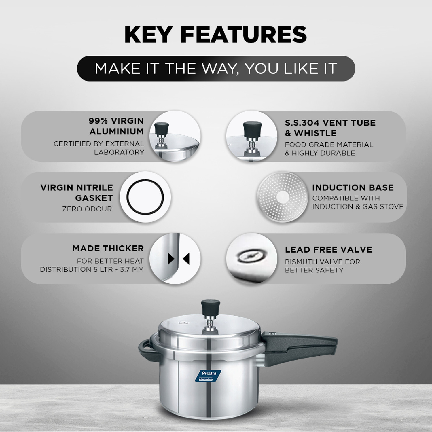 Image of Preethi 5L Aluminium Outerlid Pressure Cooker (PC 020) 5 L Outer Lid Induction Bottom Pressure Cooker