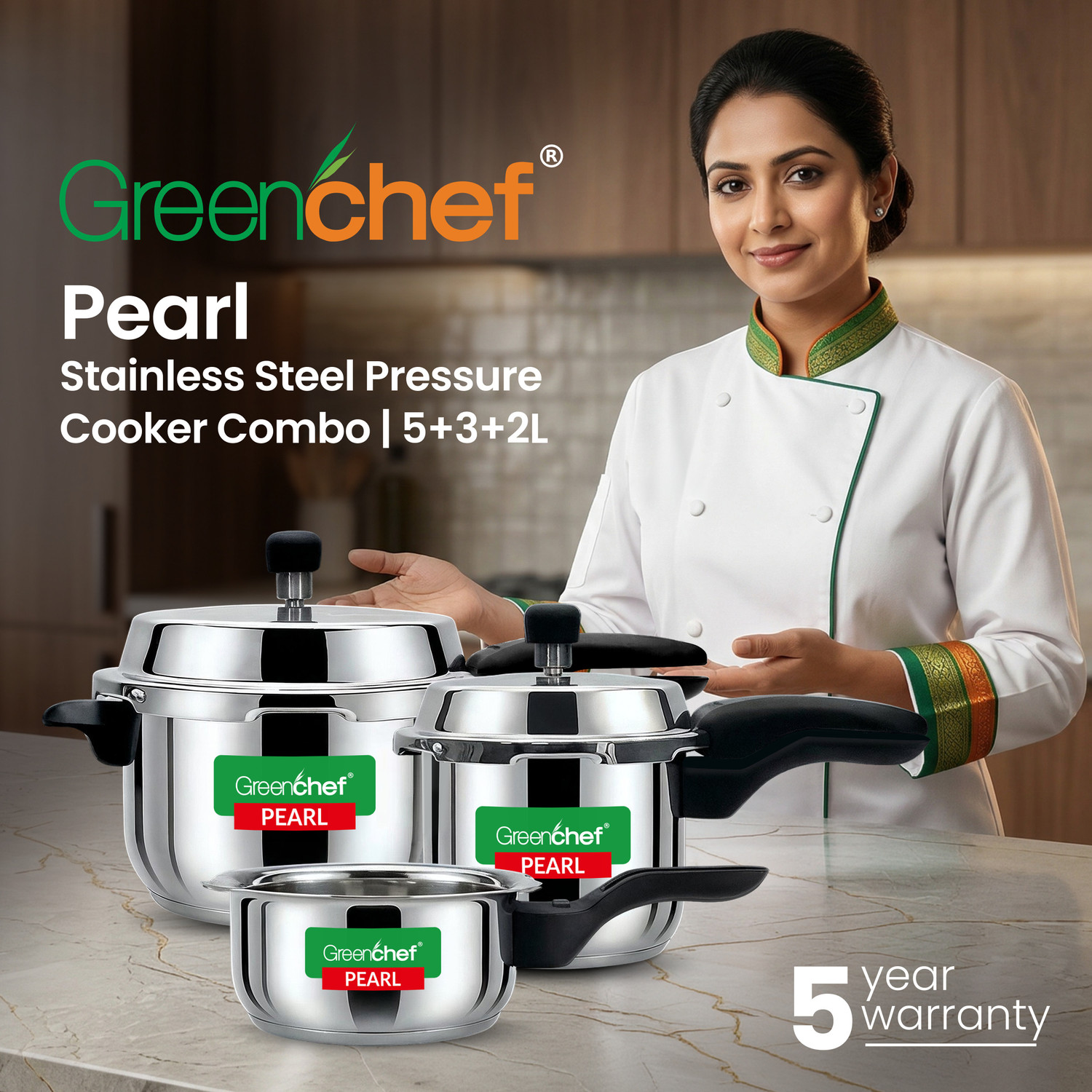 Image of Greenchef Pearl Special Combo 2 L, 3 L, 5 L Outer Lid Induction Bottom Pressure Cooker