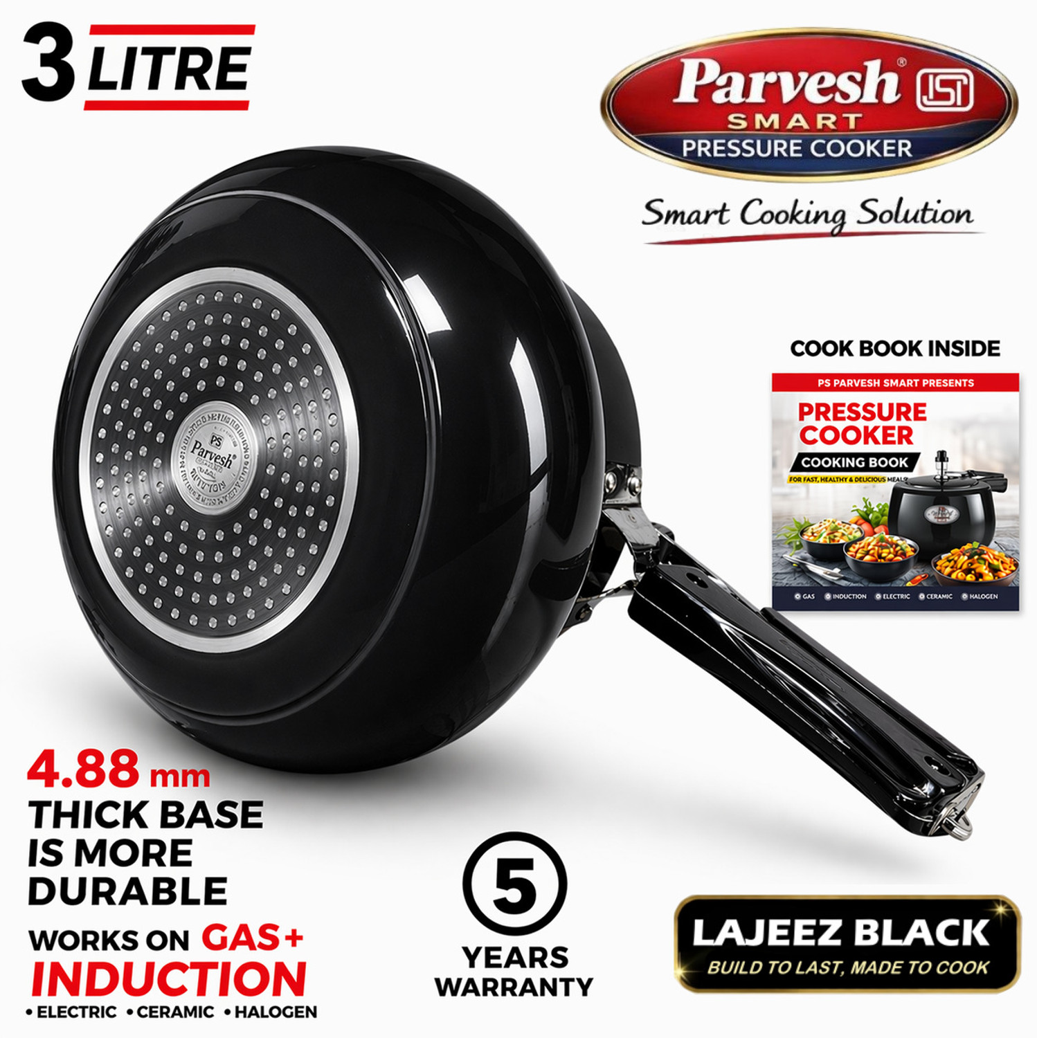 Image of PS PARVESH SMART 3 Litre Induction Base Handi Pressure Cooker | Inner Lid | ISI Certified 3 L Inner Lid Induction Bottom Pressure Cooker