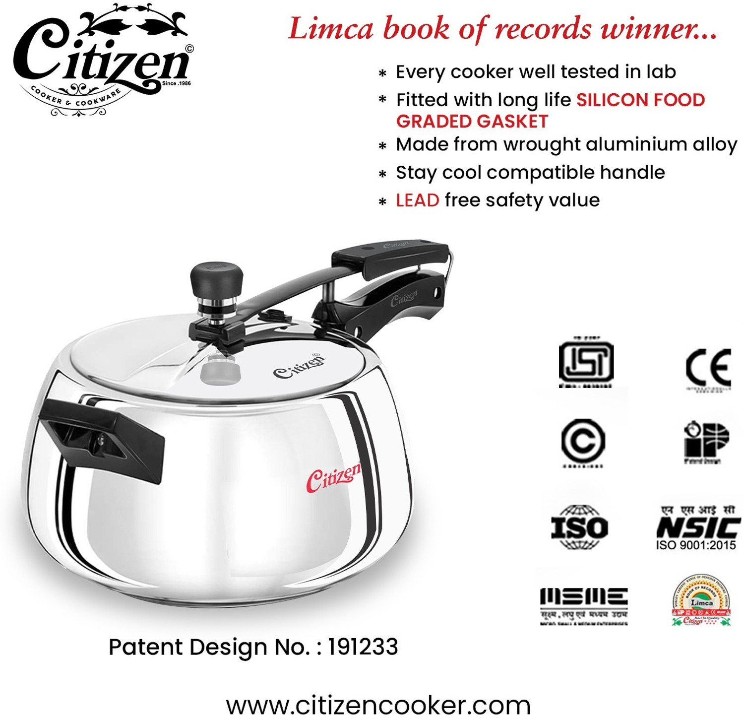 Image of CITIZEN Handi 5 Ltr Stainless Steel with Sandwich Bottem Inner Lid Pressure Cooker 5 L Inner Lid Pressure Cooker