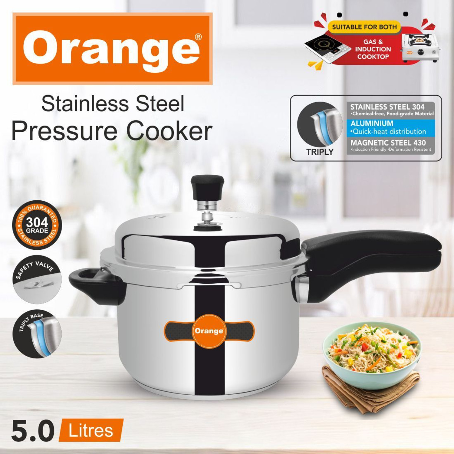 Image of ORANGE Pressure Cooker 3Pcs Set 2+3+5Ltrs 5 L Outer Lid Induction Bottom Pressure Cooker