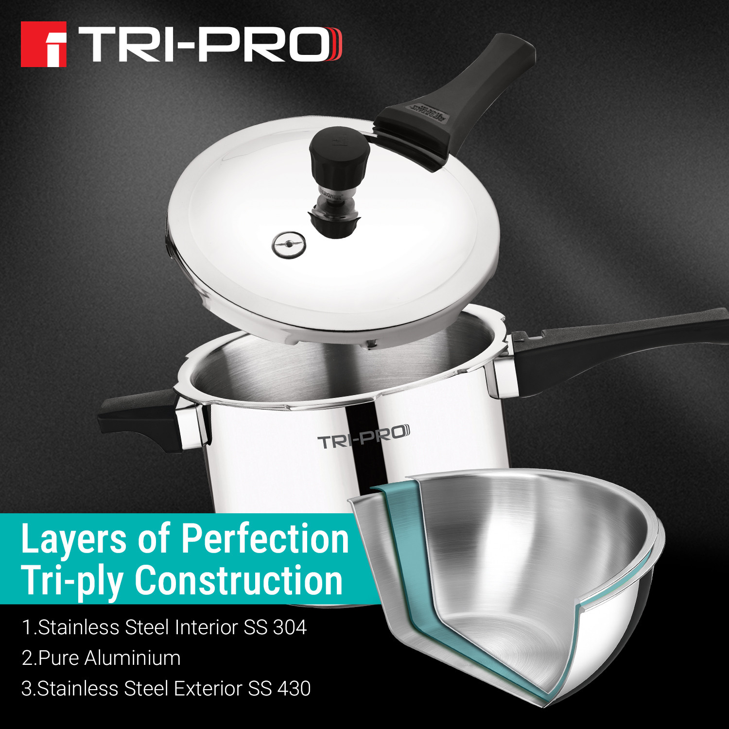 Image of BERGNER TriPro Triply Stainless Steel 5 L Outer Lid Pressure Cooker, Bakelite Handle, 5 L Outer Lid Induction Bottom Pressure Cooker