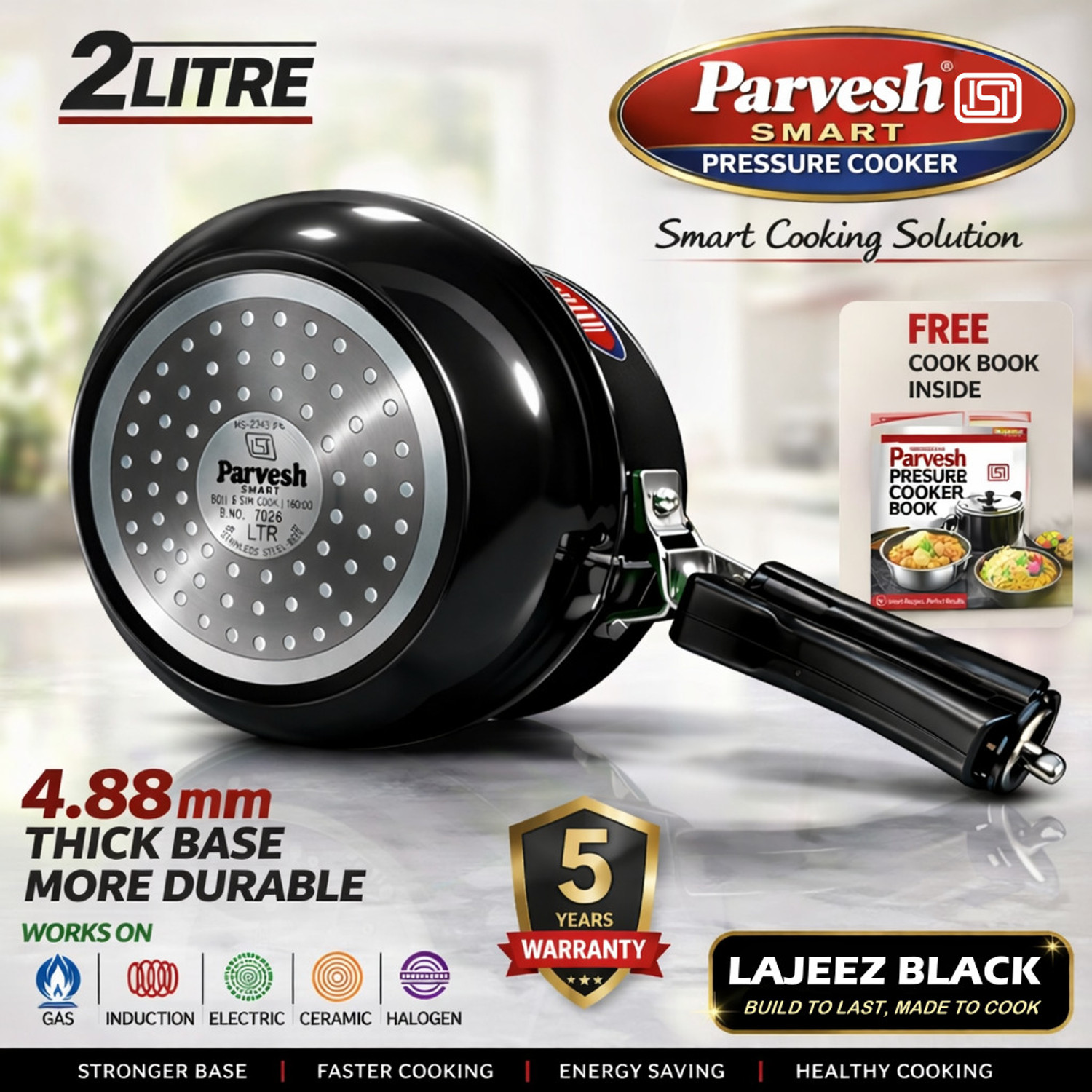 Image of PS PARVESH SMART 2 Litre Induction Base Handi Pressure Cooker | Inner Lid | ISI Certified | 2 L Inner Lid Induction Bottom Pressure Cooker