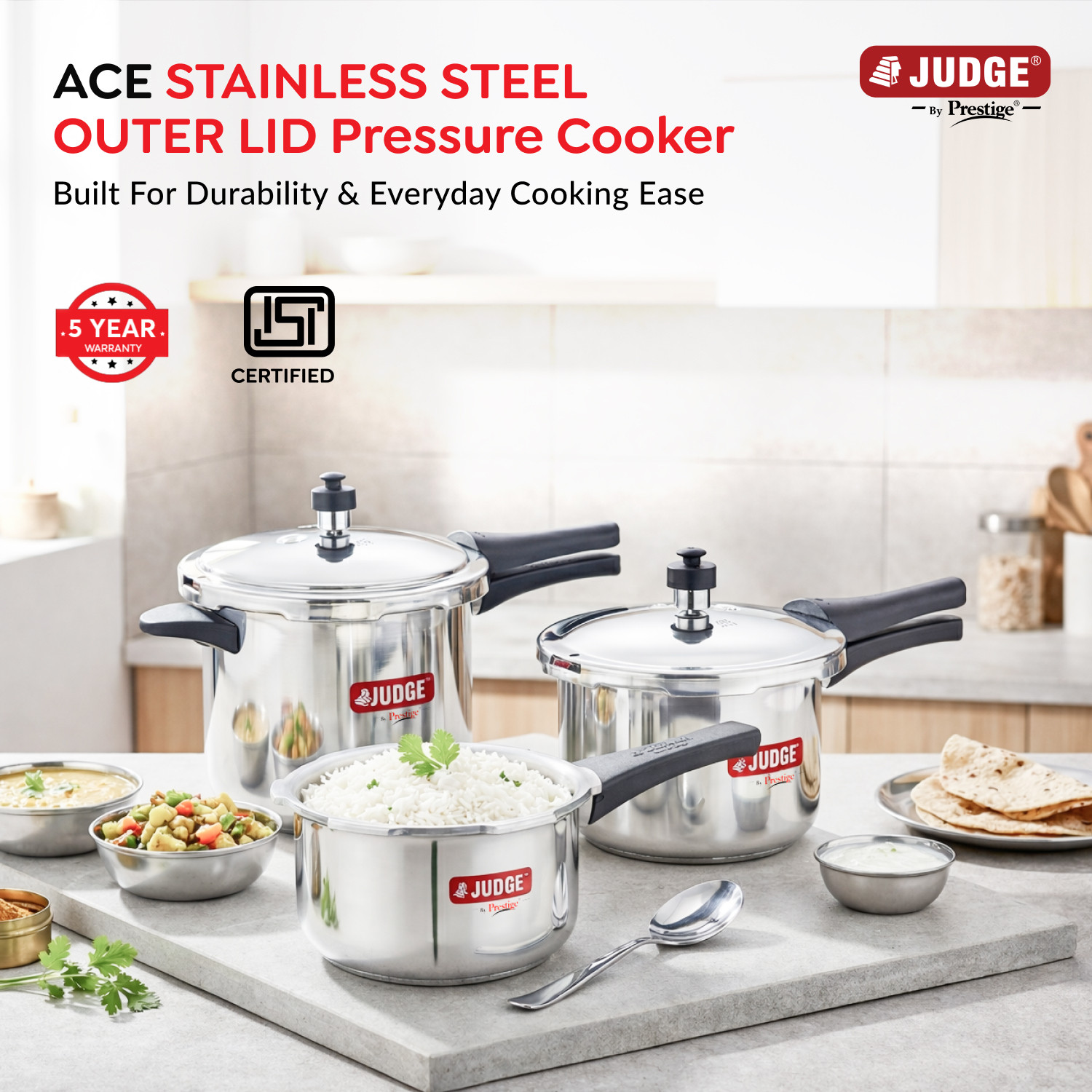 Image of Prestige ACE Combo Pack Of 3 Easy Grip Handle| Long-Lasting Pressure Regulator 5 L, 3 L, 2 L Outer Lid Induction Bottom Pressure Cooker