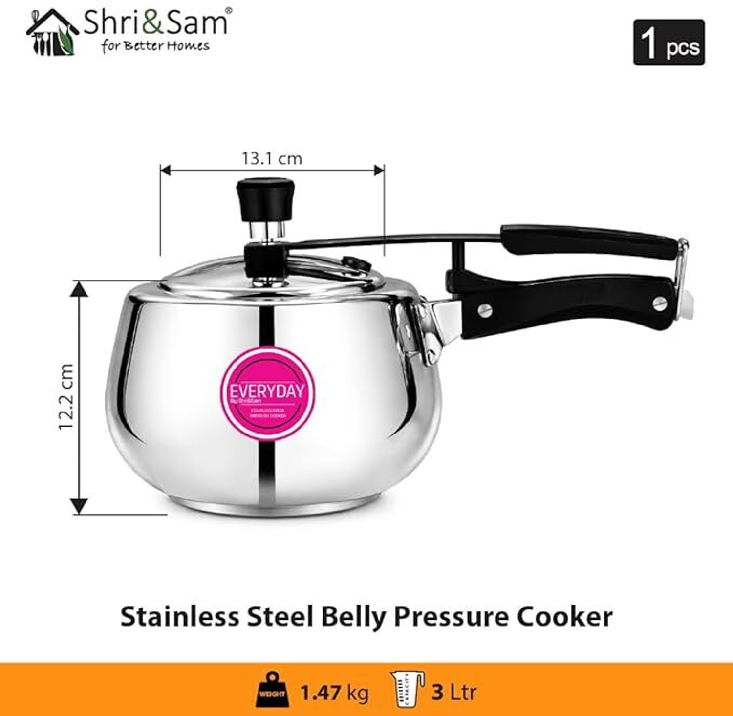 Image of Everyday Stainless Steel Pressure Cooker 3 Litre Belly Shape ISI Certified 3 L Inner Lid Induction Bottom Pressure Cooker